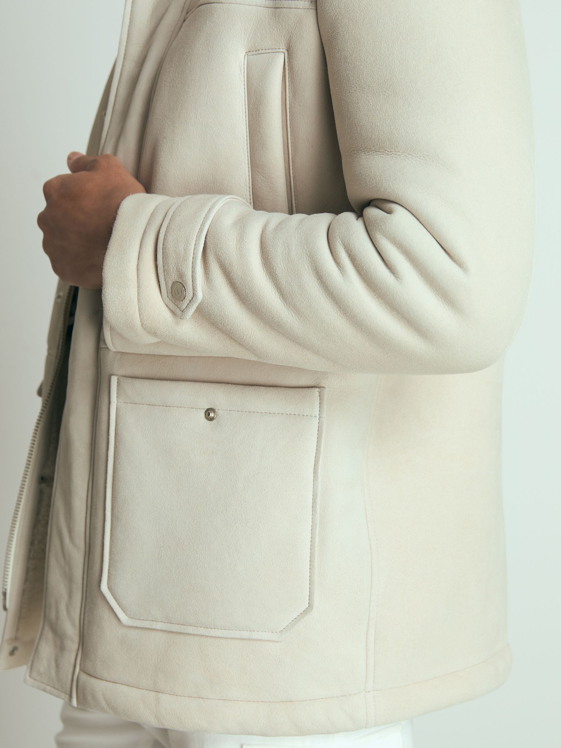 Atelier Suede Zip-Through Shearling Jacket in Off White - Image 7 of 8