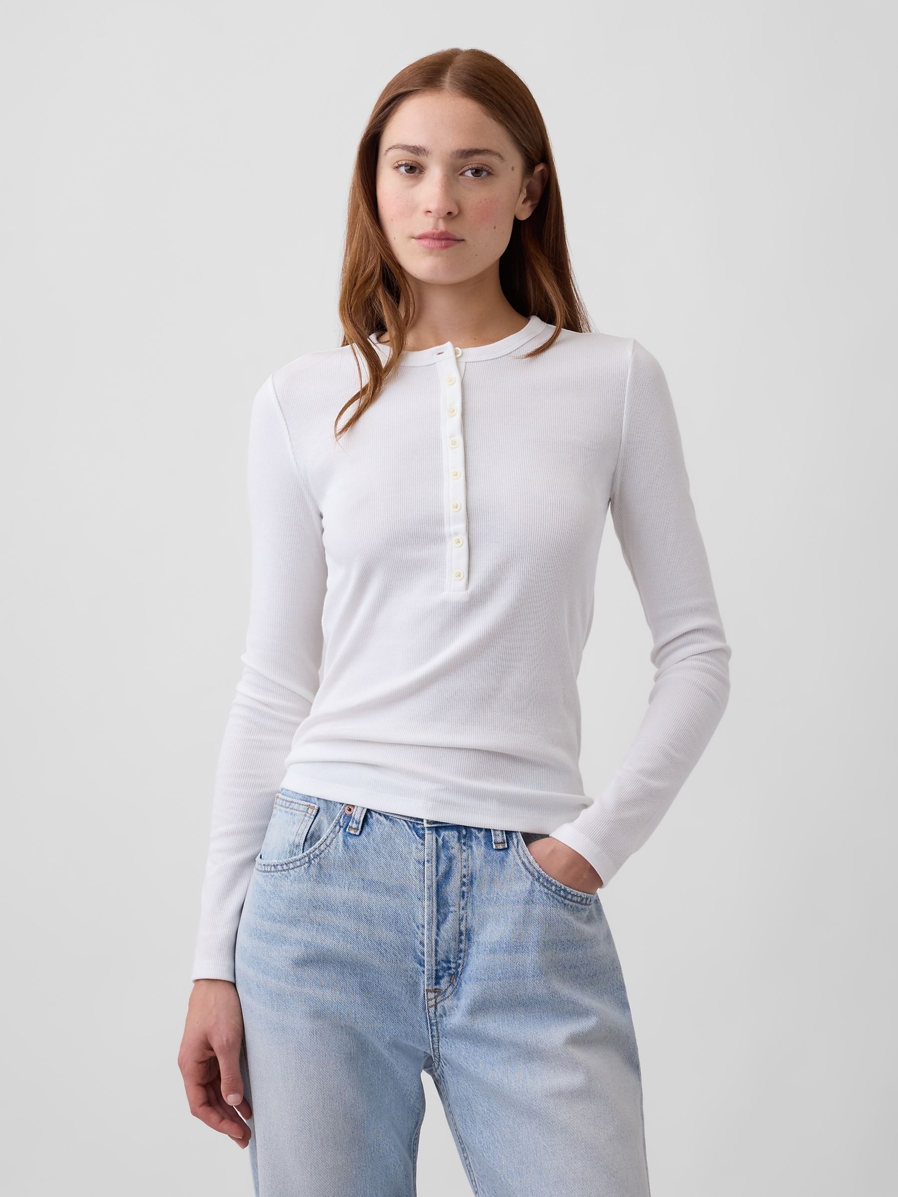 White Ribbed Henley Long Sleeve T-Shirt - Image 1 of 5