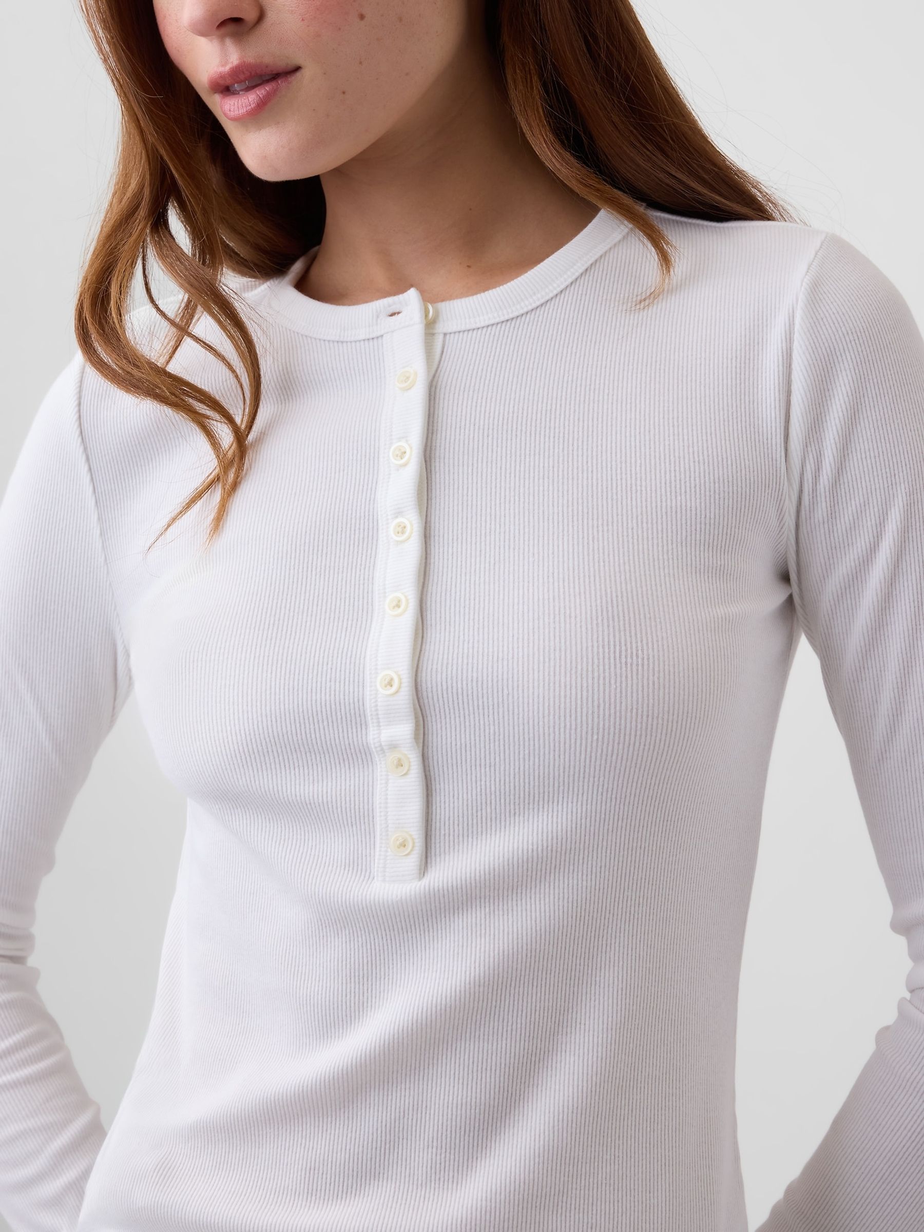 White Ribbed Henley Long Sleeve T-Shirt - Image 4 of 5