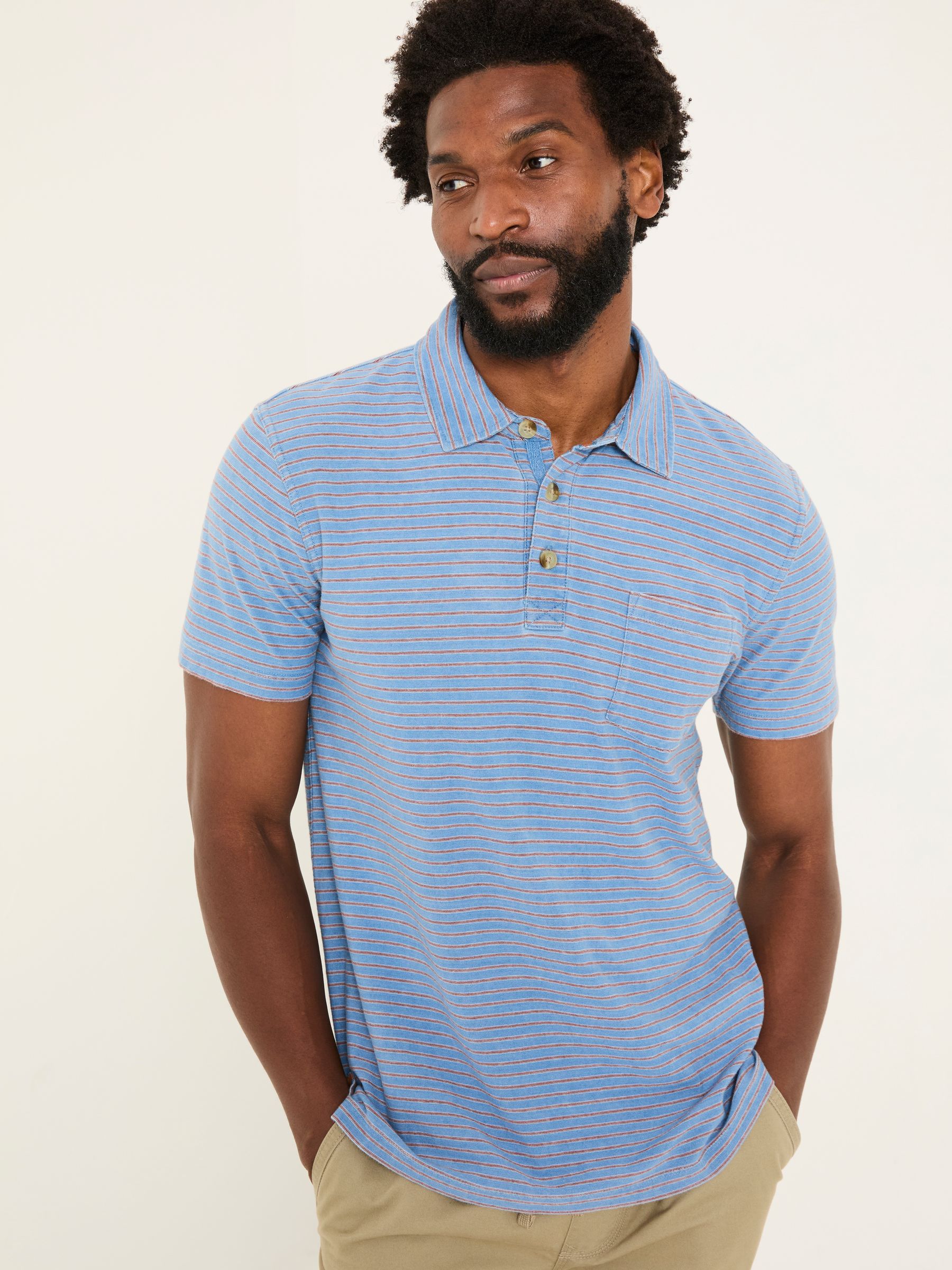 Indigo Blue 100% Cotton Perranporth Stripe Polo Shirt - Image 1 of 5