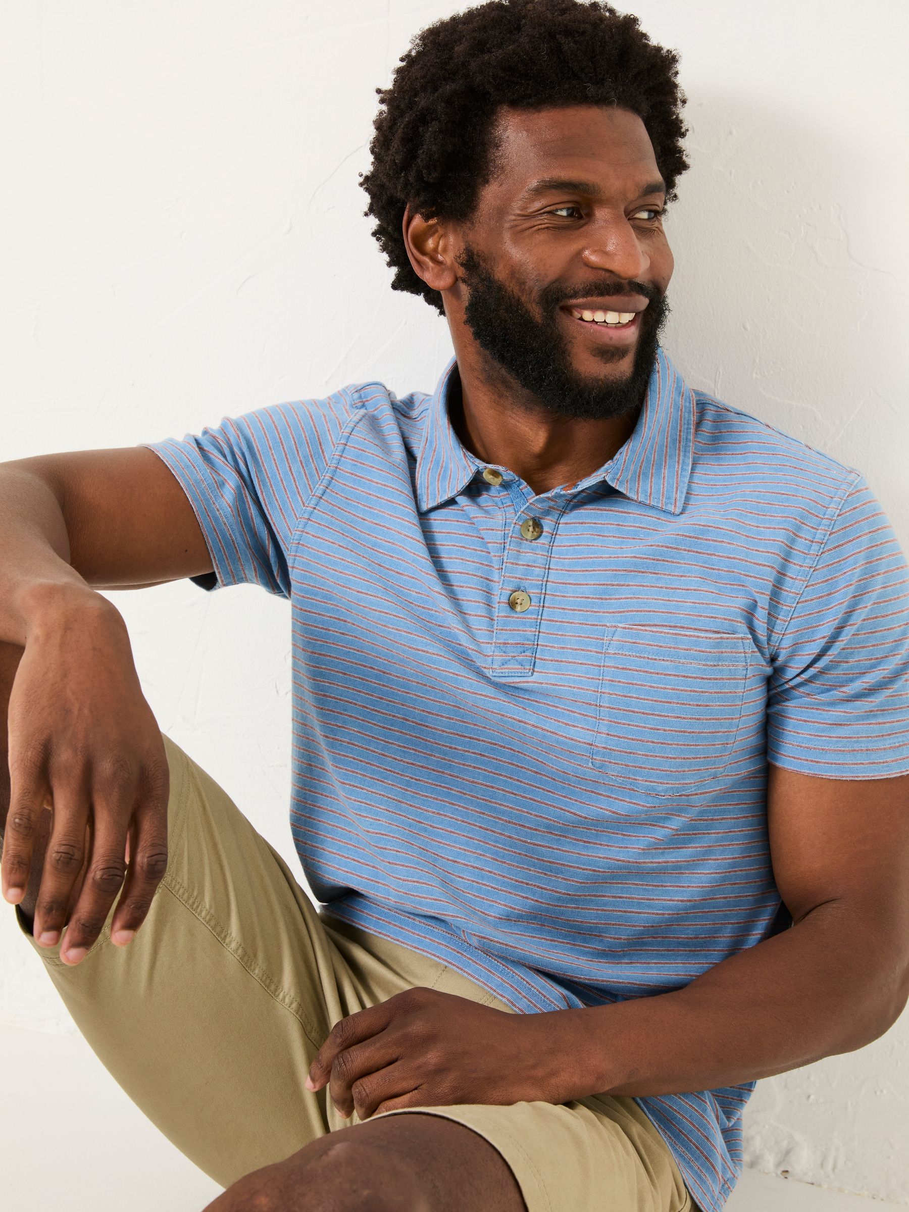 Indigo Blue 100% Cotton Perranporth Stripe Polo Shirt - Image 3 of 5