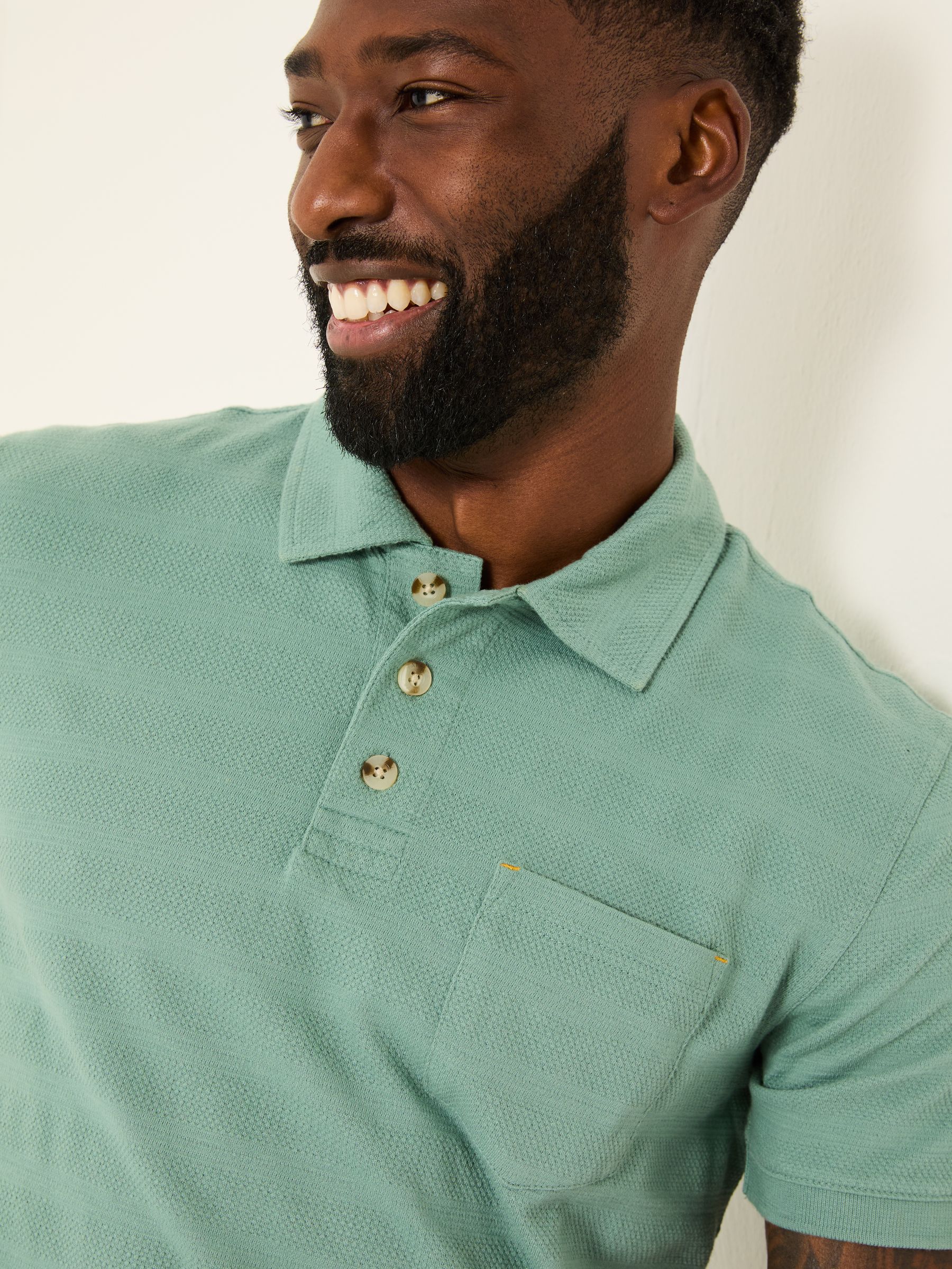 Dusky Green 100% Cotton Jacquard Stripe Polo Shirt - Image 3 of 4