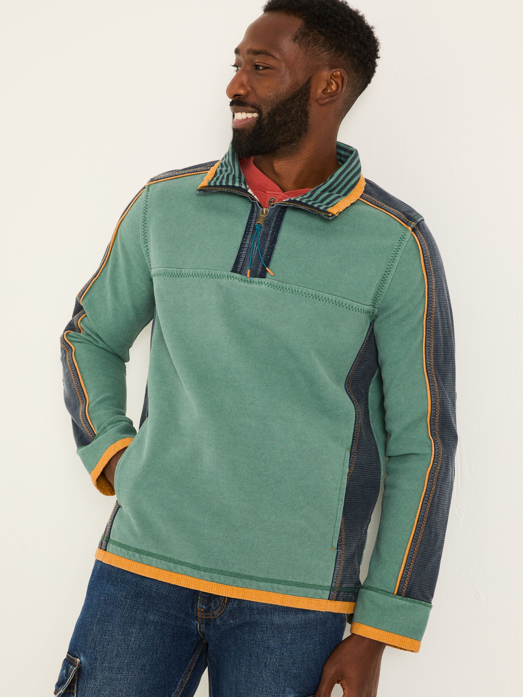 Light Teal 100% Cotton Airlie Panel Quarter Zip Sweat Top - Image 2 of 8