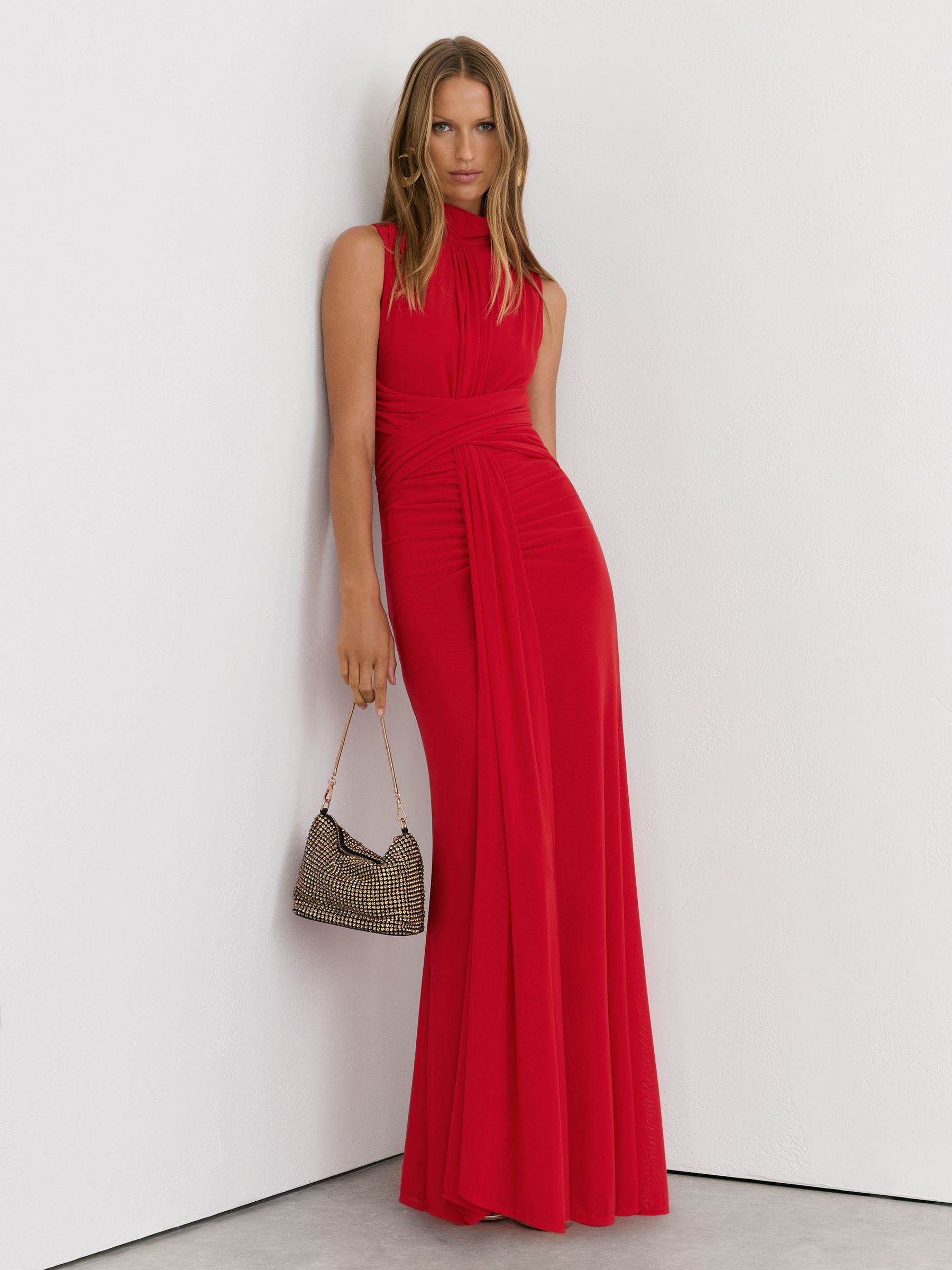 Petite Sheer Ruched Sleeveless Maxi Dress in Red - Image 1 of 8