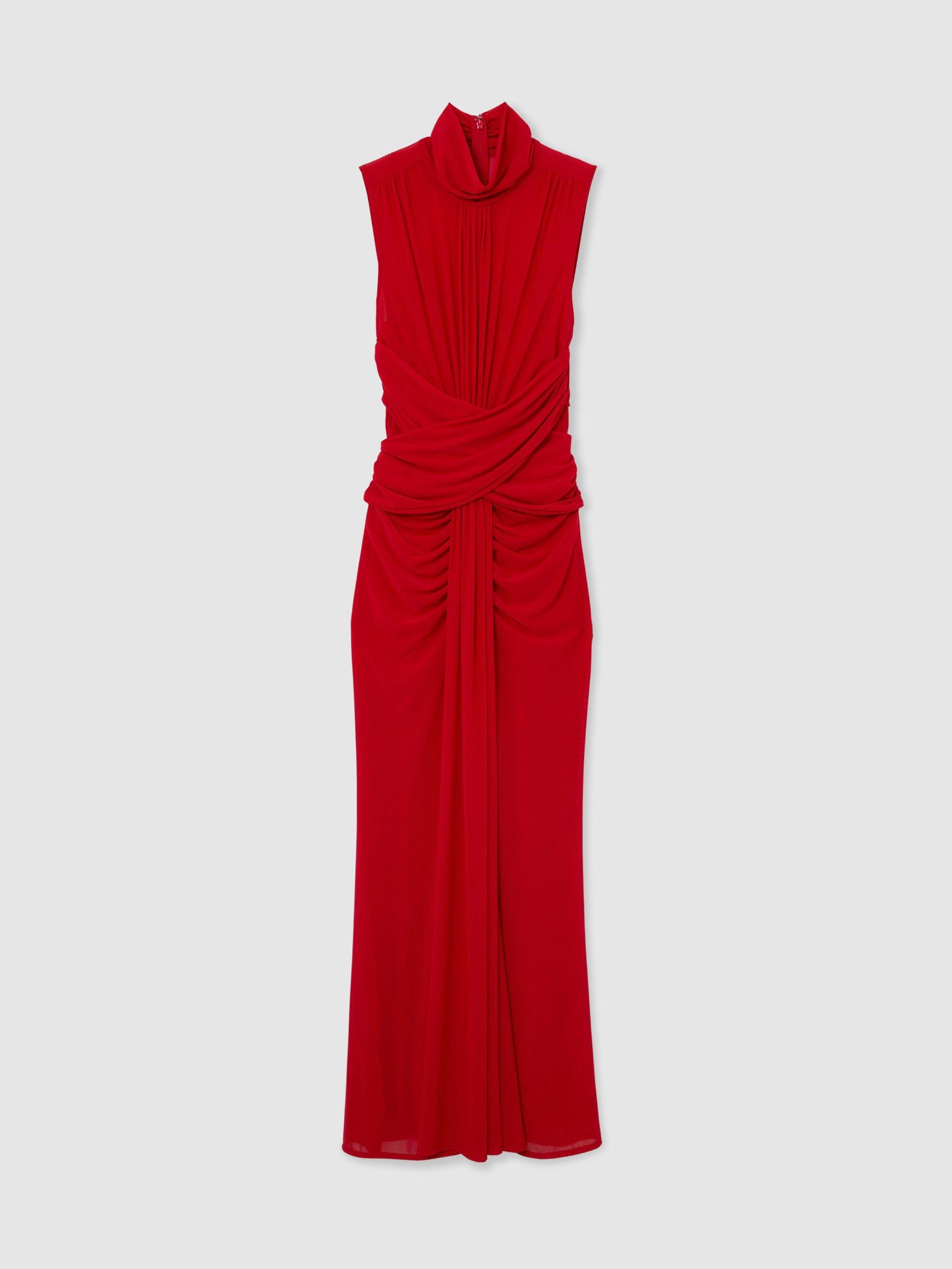 Petite Sheer Ruched Sleeveless Maxi Dress in Red - Image 2 of 8 Petite Sheer Ruched Sleeveless Maxi Dress in Red - Image 2 of 8