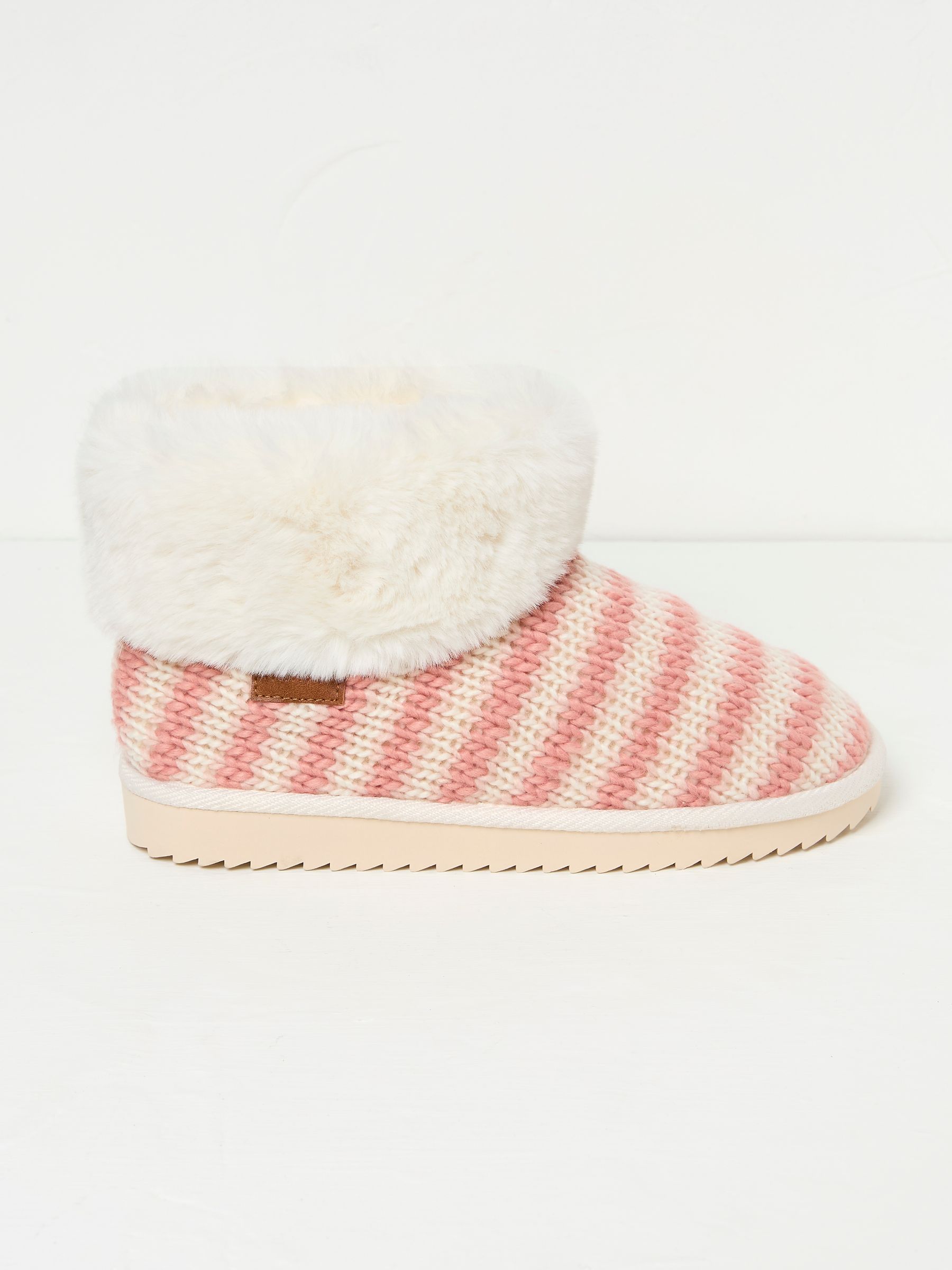 Pink Faux Fur Cuff Knitted Slipper Boots - Image 1 of 3