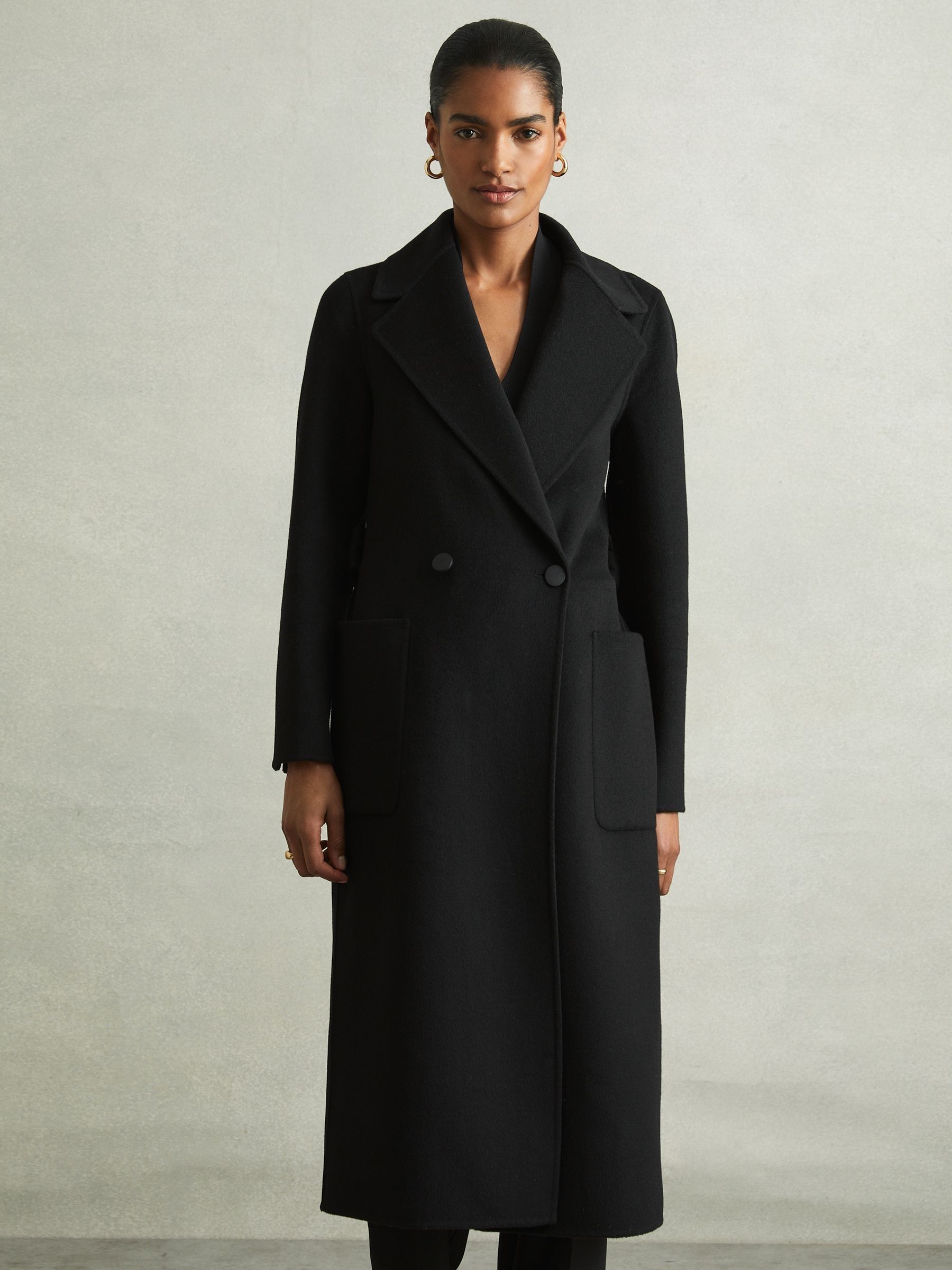 Petite Wool Blend Double Breasted Blindseam Coat in Black - Image 1 of 7 Petite Wool Blend Double Breasted Blindseam Coat in Black - Image 1 of 7