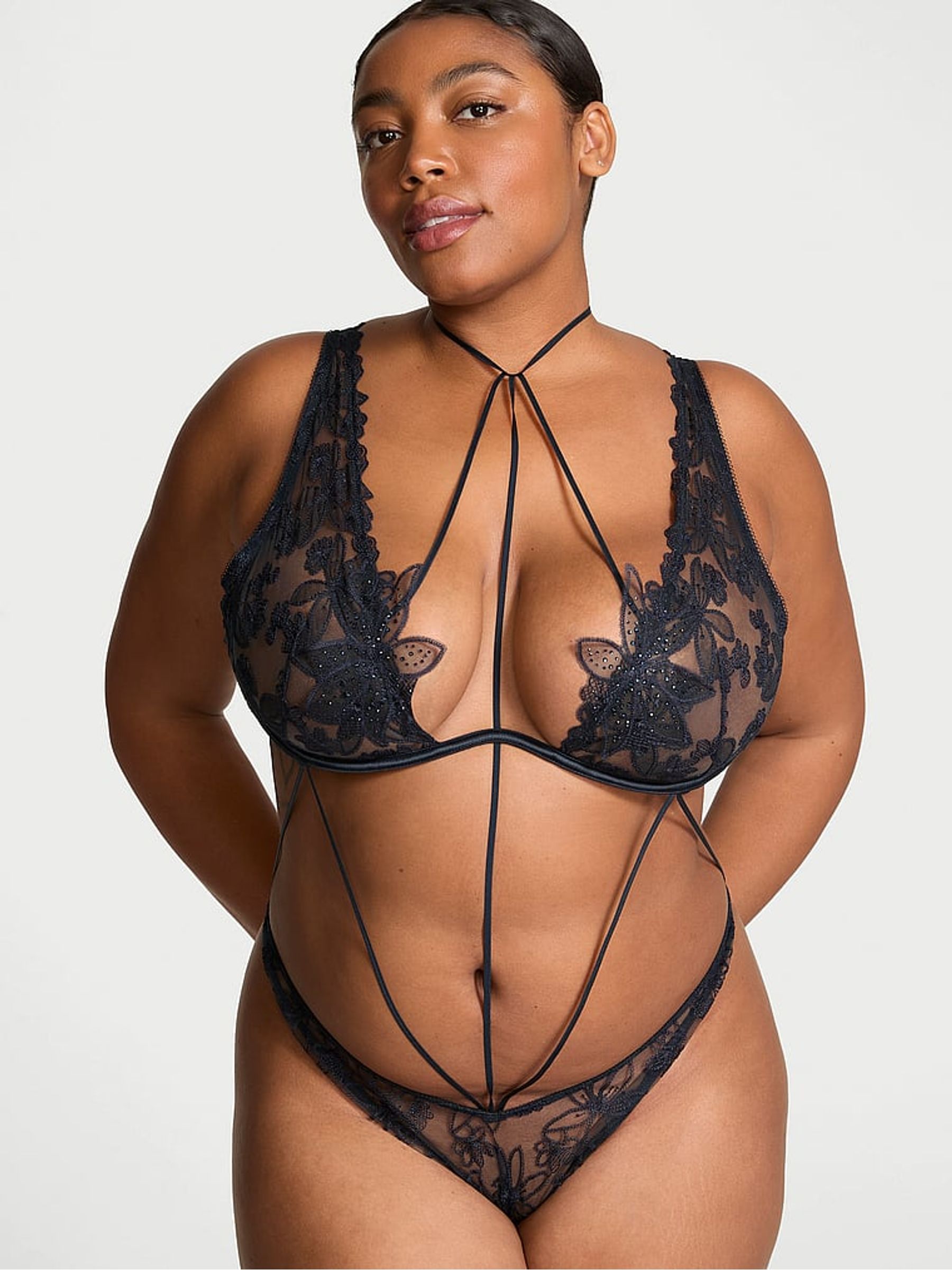 Dark Twilight Blue Ziggy Neck Tie Cut Out Bodysuit - Image 1 of 3