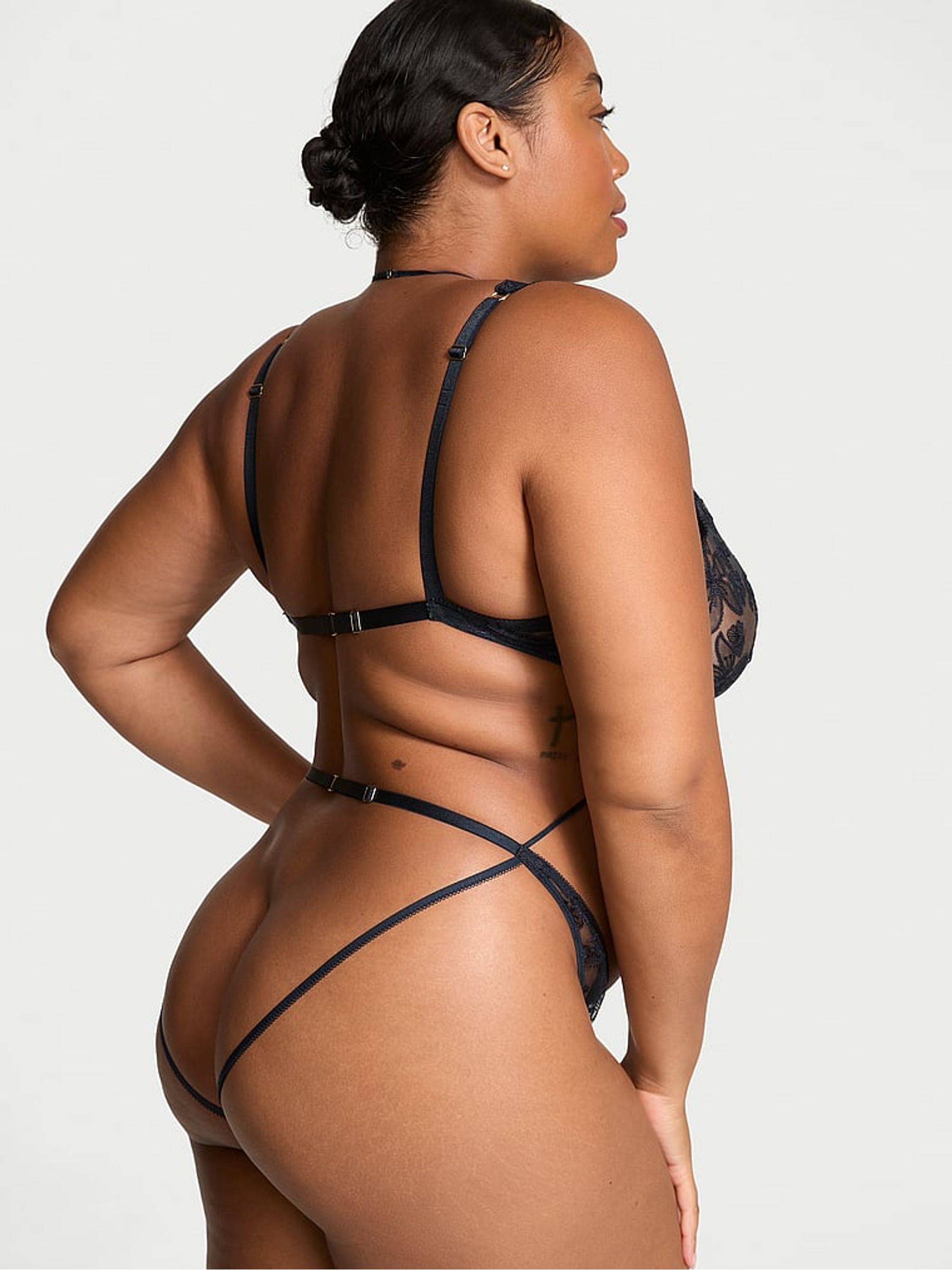 Dark Twilight Blue Ziggy Neck Tie Cut Out Bodysuit - Image 2 of 3