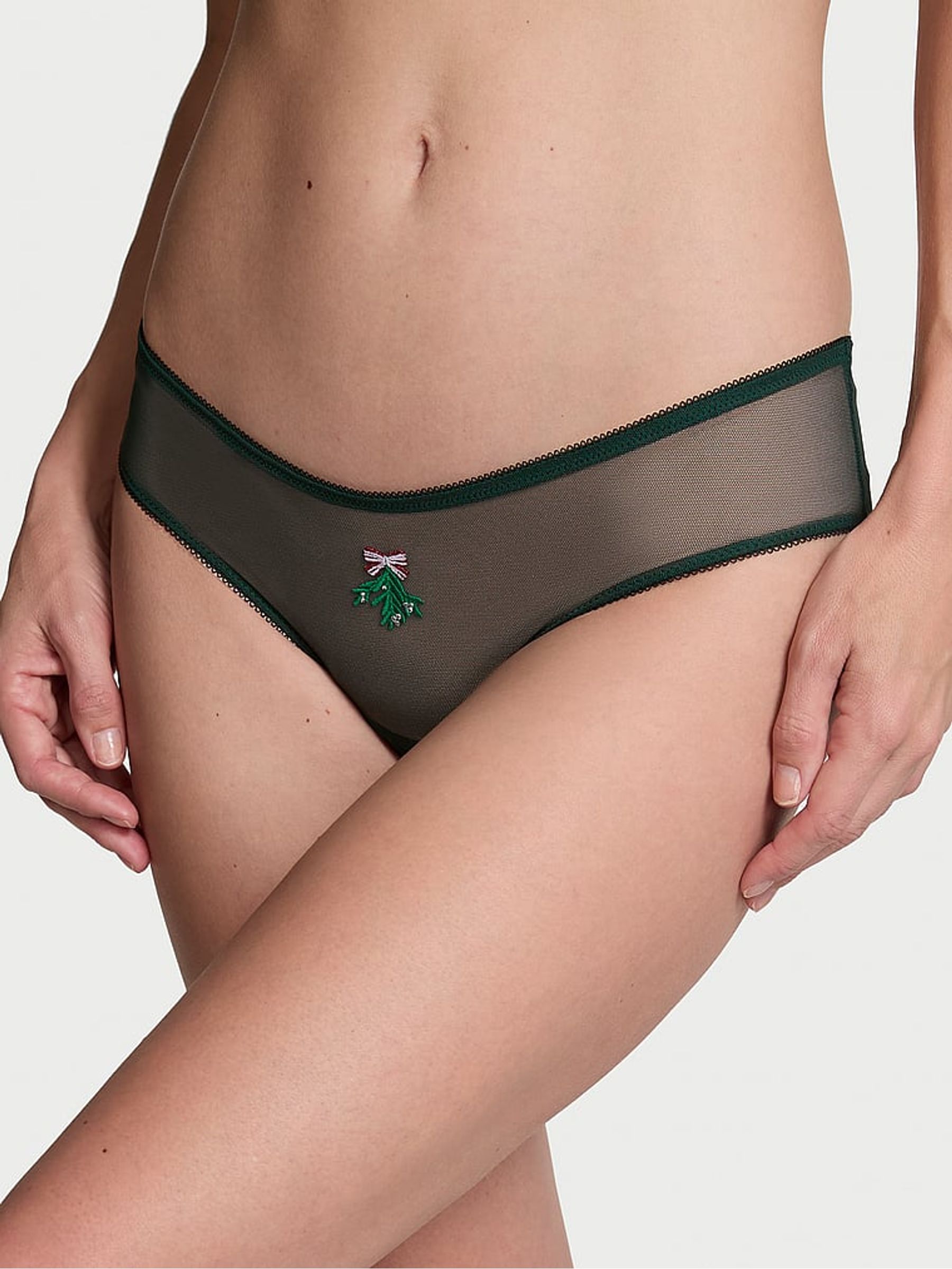 Botanical Green Mistletoe Crotchless Mesh Knickers - Image 1 of 2