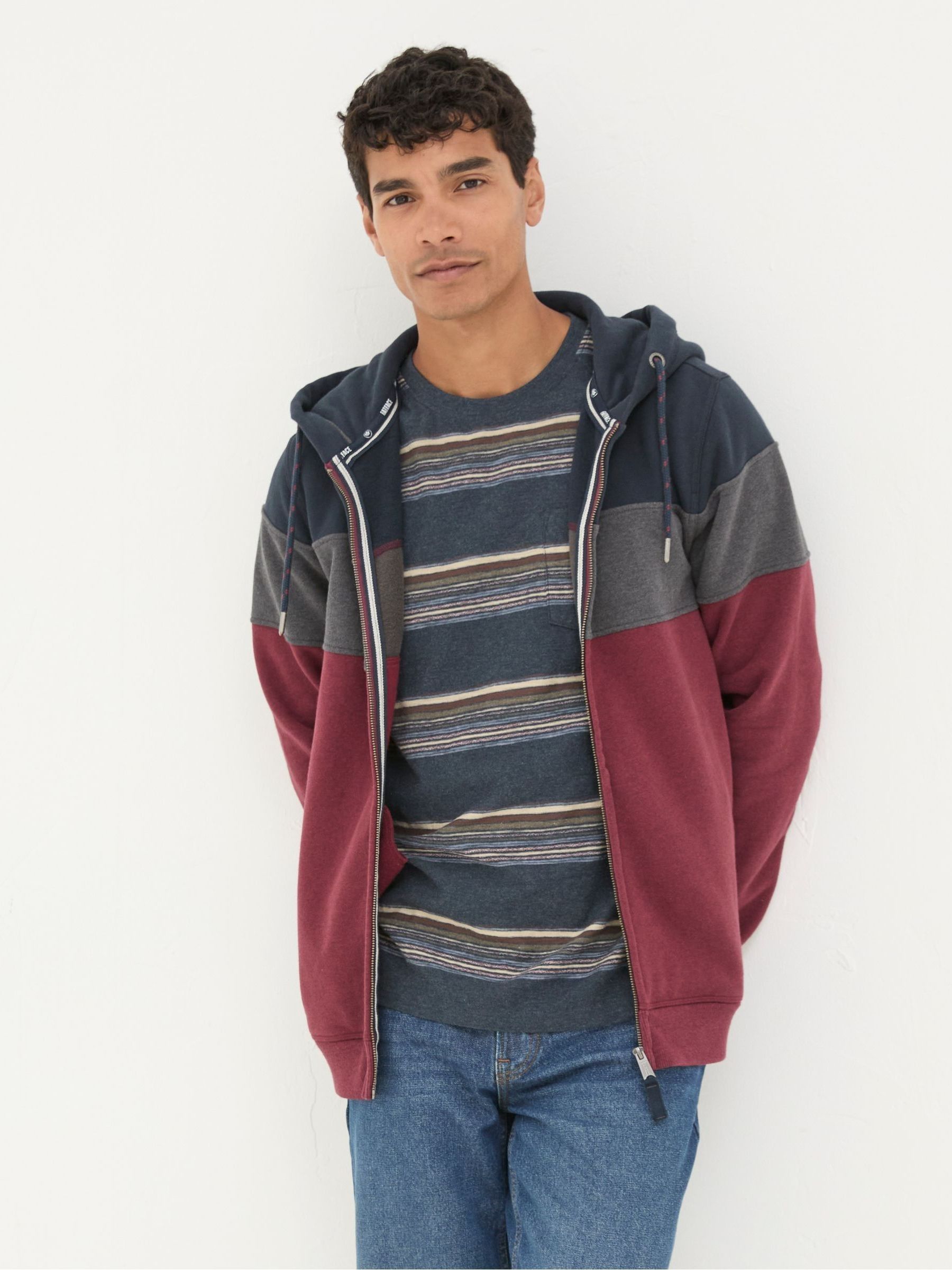 Plum Purple 100% Cotton Brooke Stripe Zip Through Hoodie - Image 2 of 7 Plum Purple 100% Cotton Brooke Stripe Zip Through Hoodie - Image 2 of 7