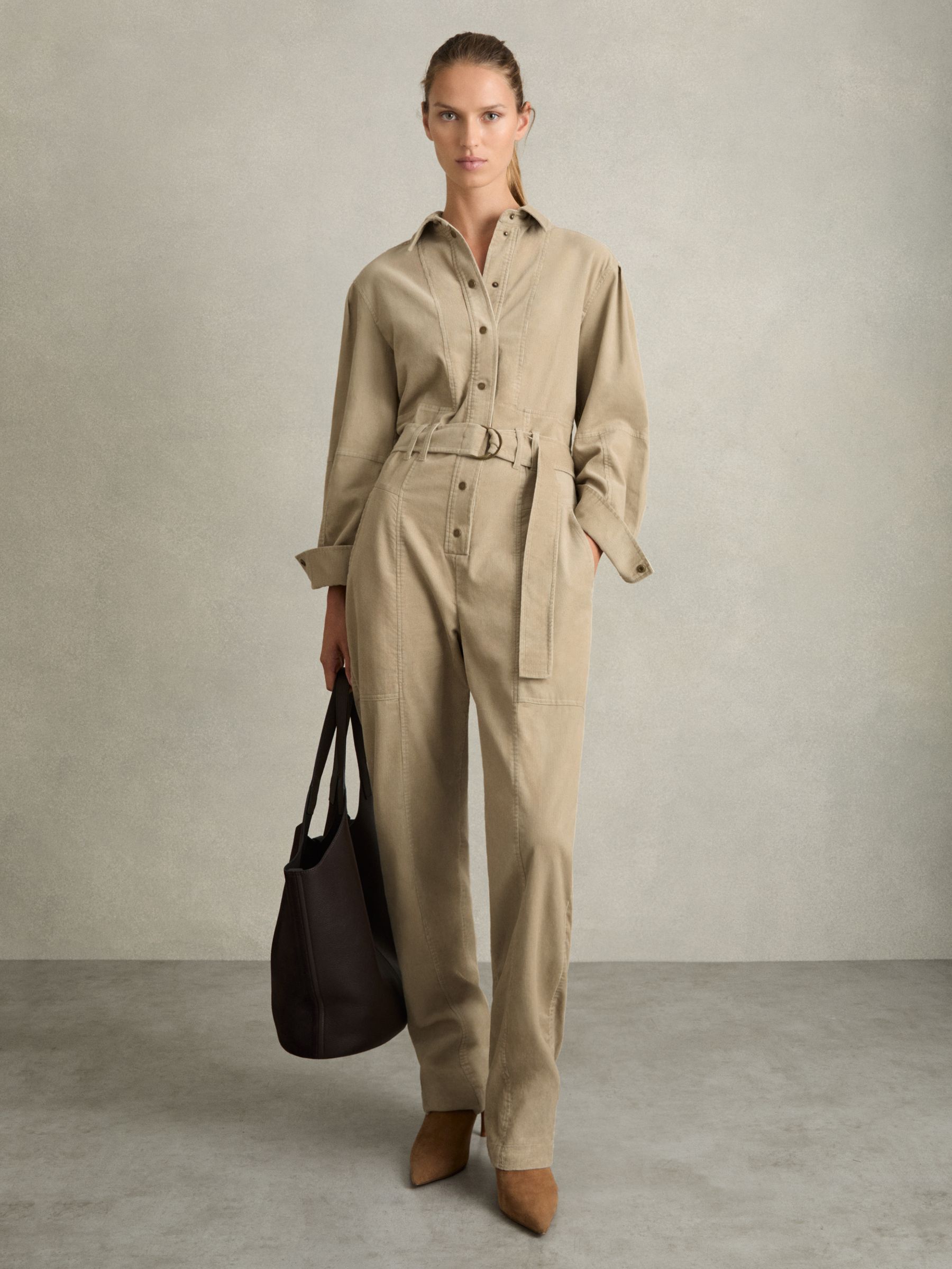 Cotton Corduroy Tapered Jumpsuit With Stretch in Neutral - Image 3 of 6