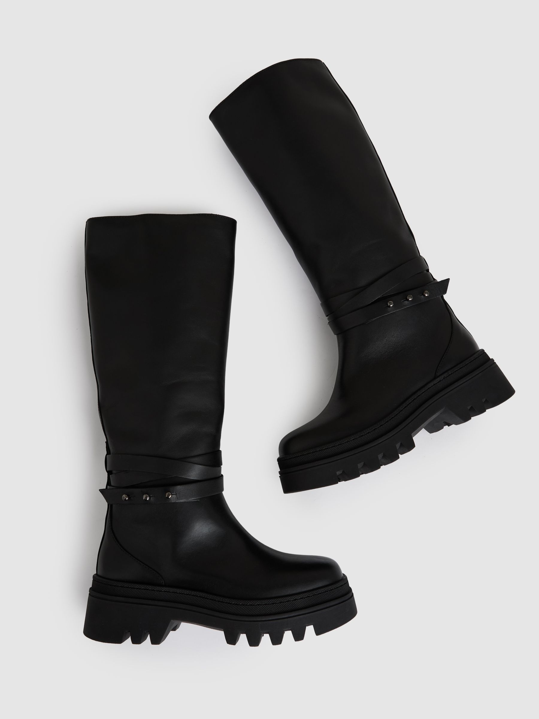 Leather Chunky Flat Knee-High Boots in Black - Image 3 of 5
