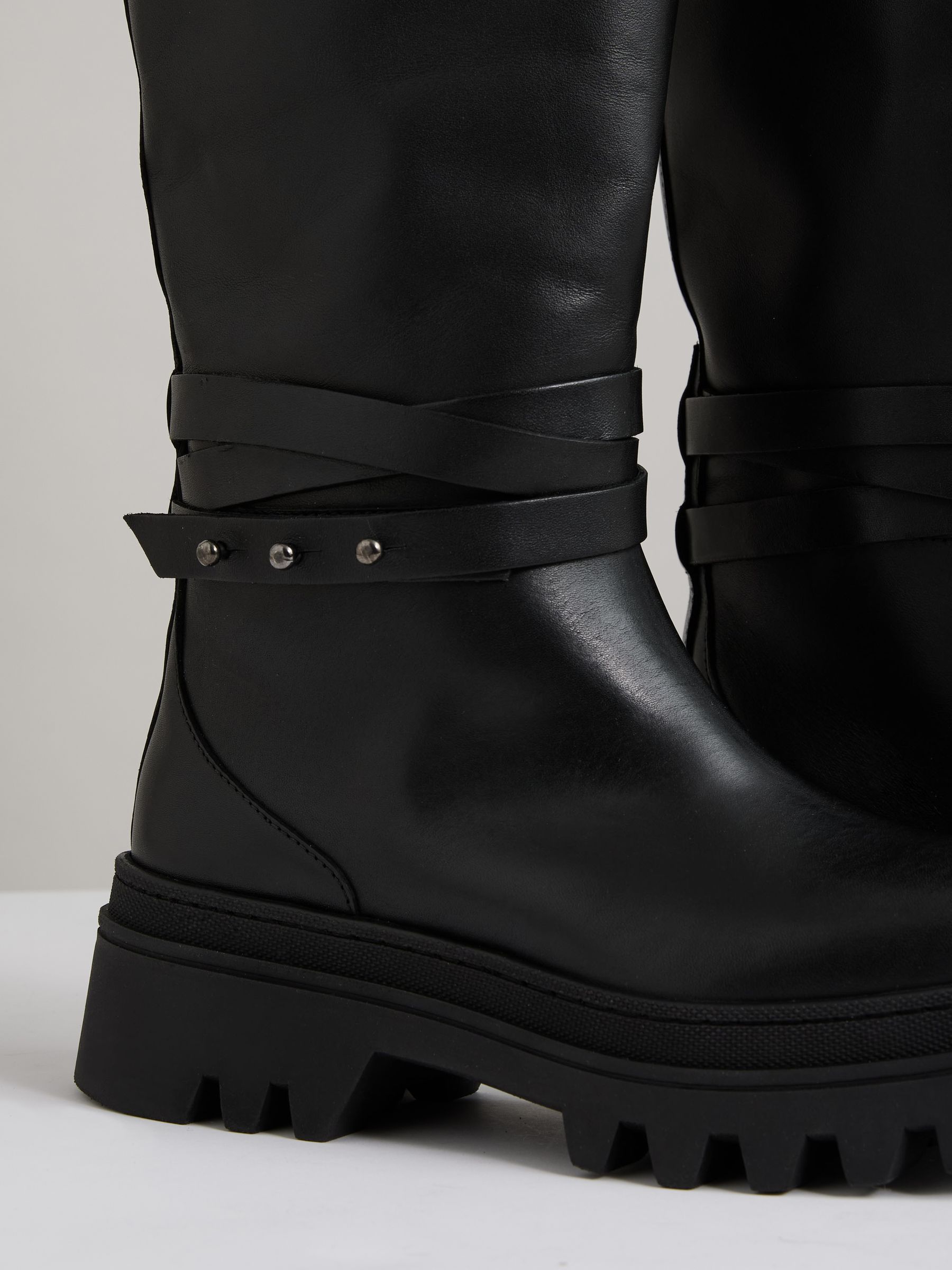 Leather Chunky Flat Knee-High Boots in Black - Image 4 of 5