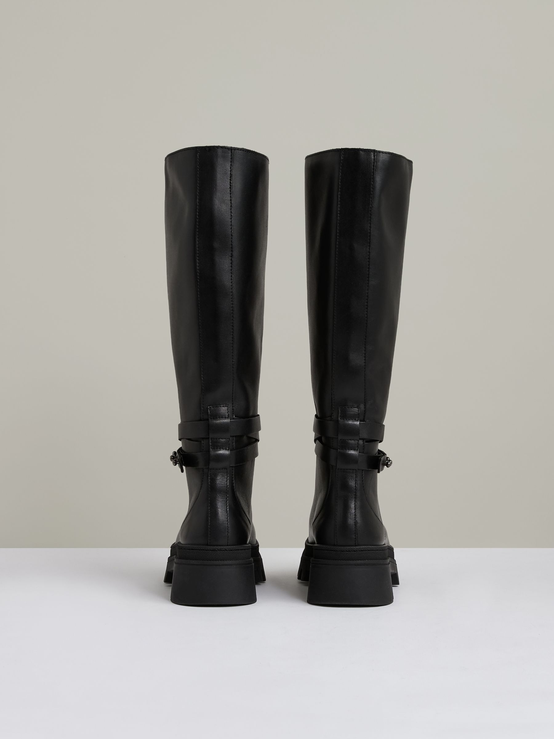 Leather Chunky Flat Knee-High Boots in Black - Image 5 of 5