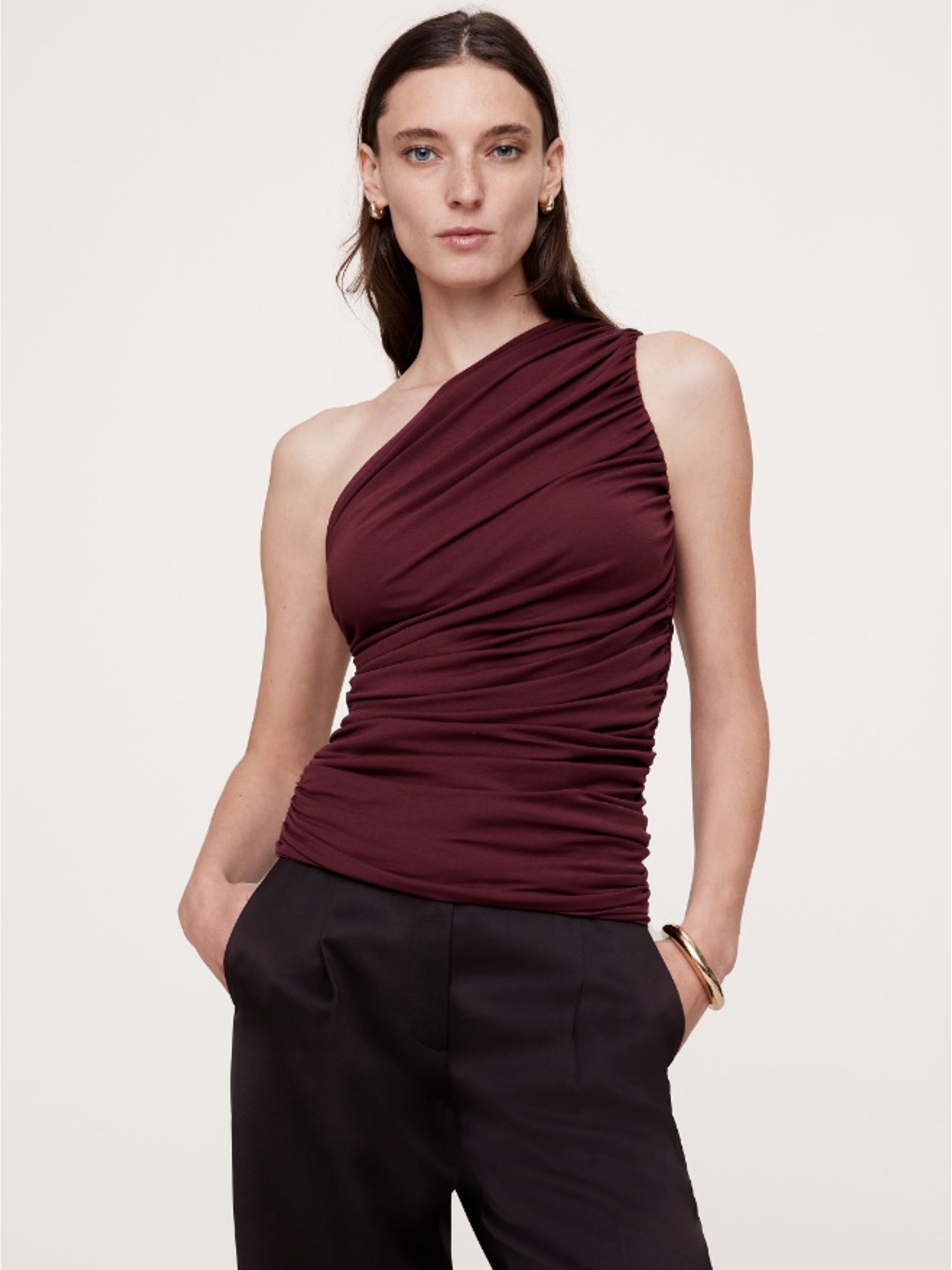 Banana Republic Brown Cotton-Tencela One-Shoulder Top - Image 1 of 1