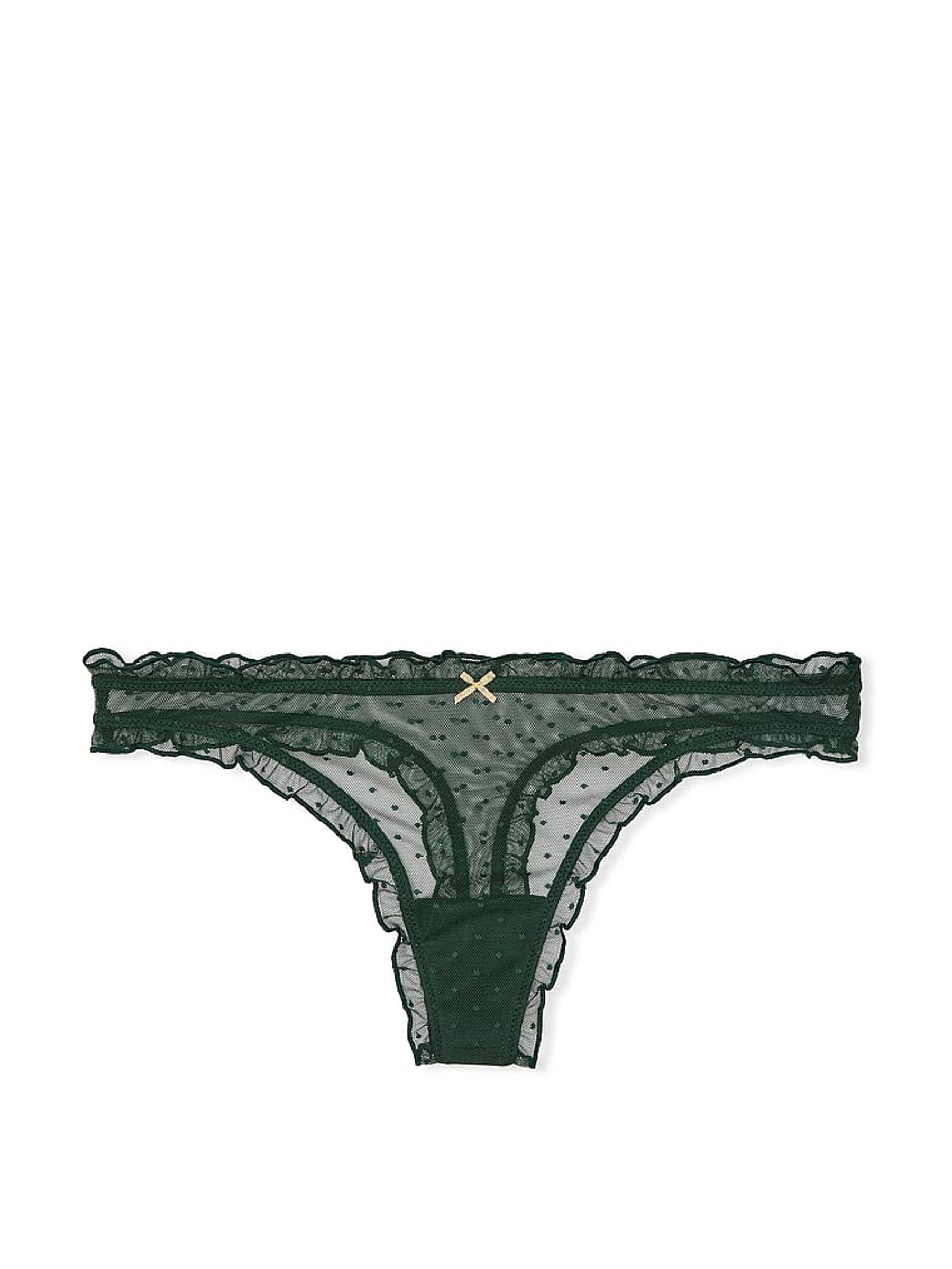 Botanical Green Thong Dot Mesh Ruffled Knickers - Image 3 of 3