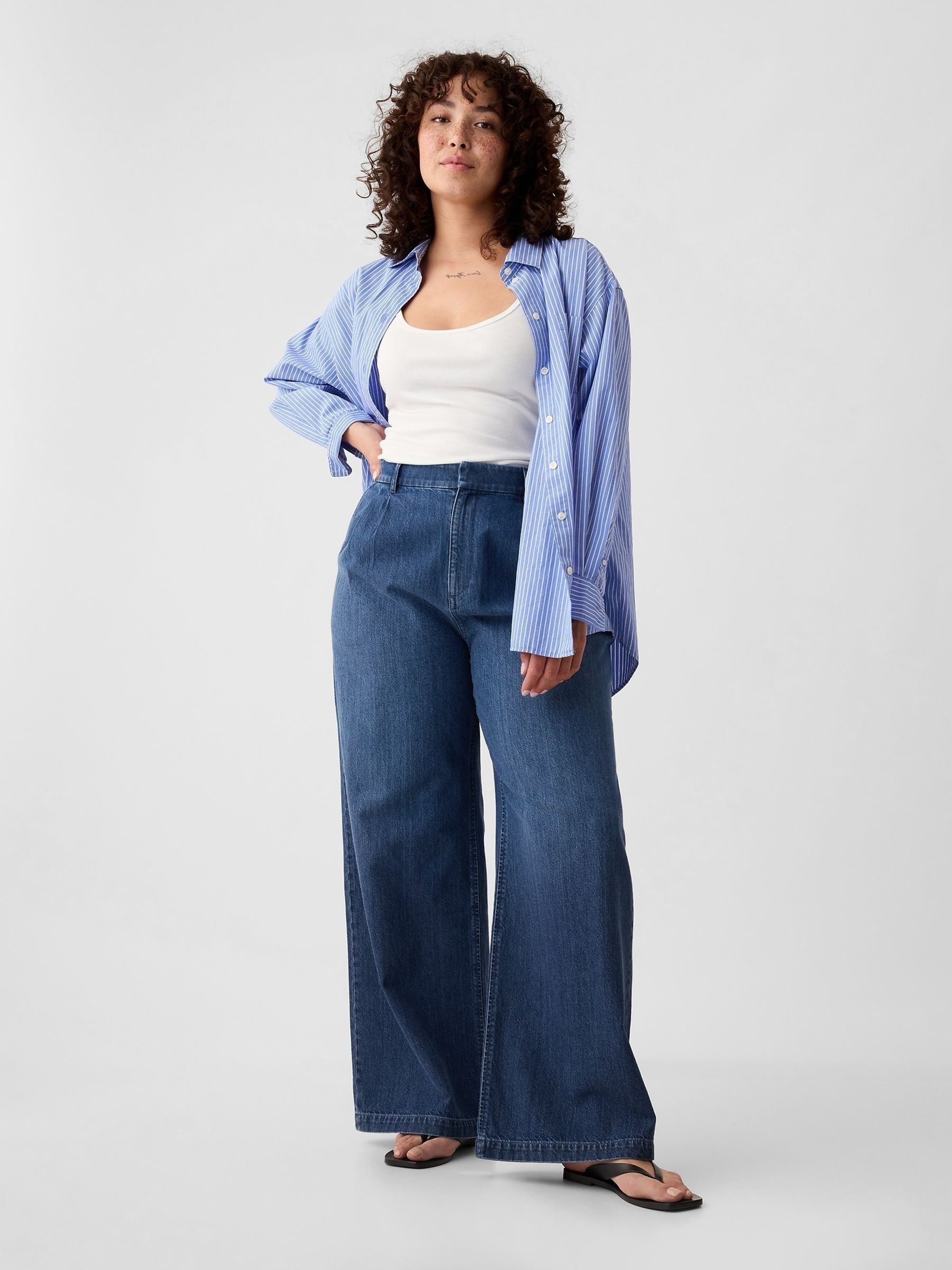 Blue High Waisted Wide Denim Trousers - Image 7 of 9