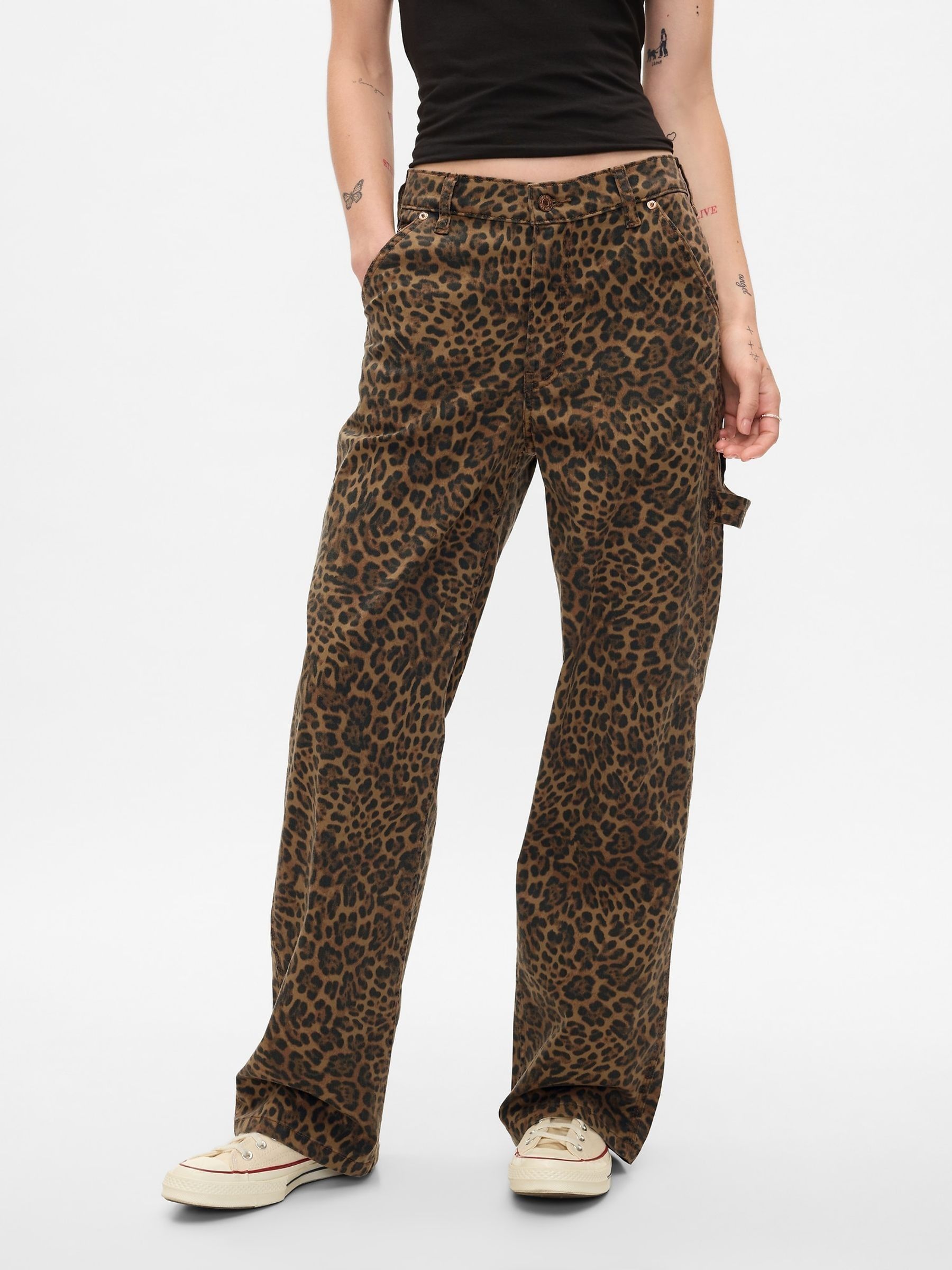 Brown Mid Rise Leopard Print 90s Loose Cargo Jeans - Image 2 of 9