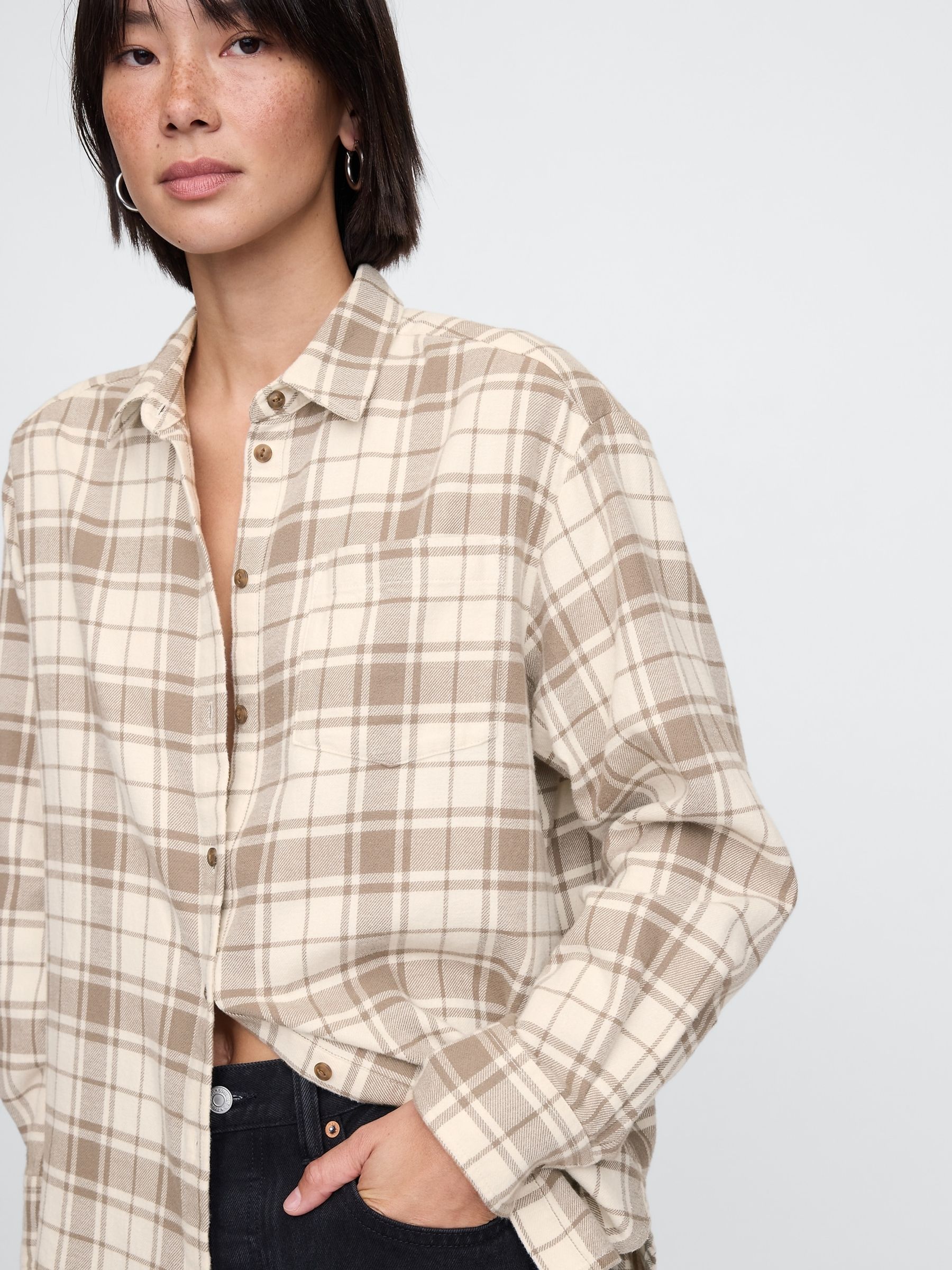 Beige Oversized Flannel Shirt - Image 4 of 5