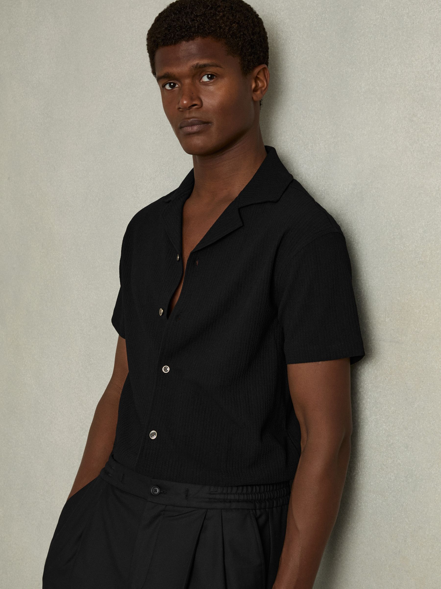 Textured Cuban Collar Shirt in Black - Image 1 of 7