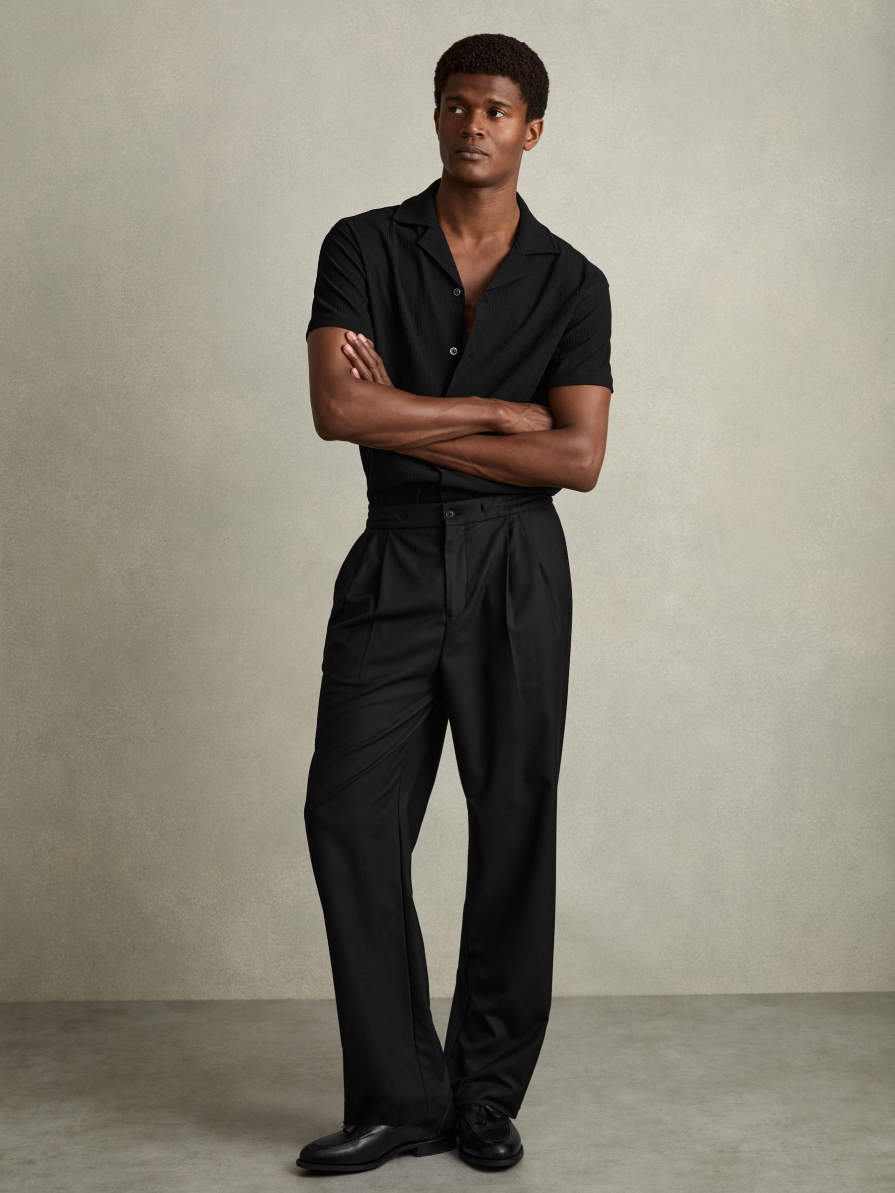 Textured Cuban Collar Shirt in Black - Image 3 of 7