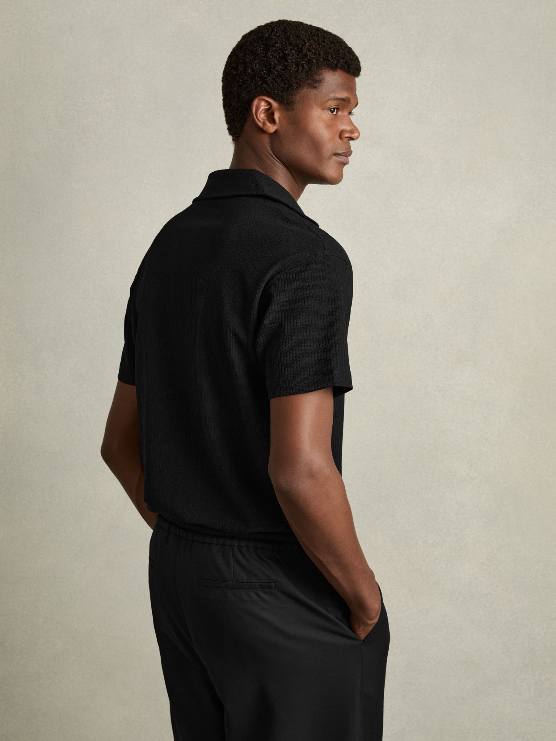 Textured Cuban Collar Shirt in Black - Image 5 of 7