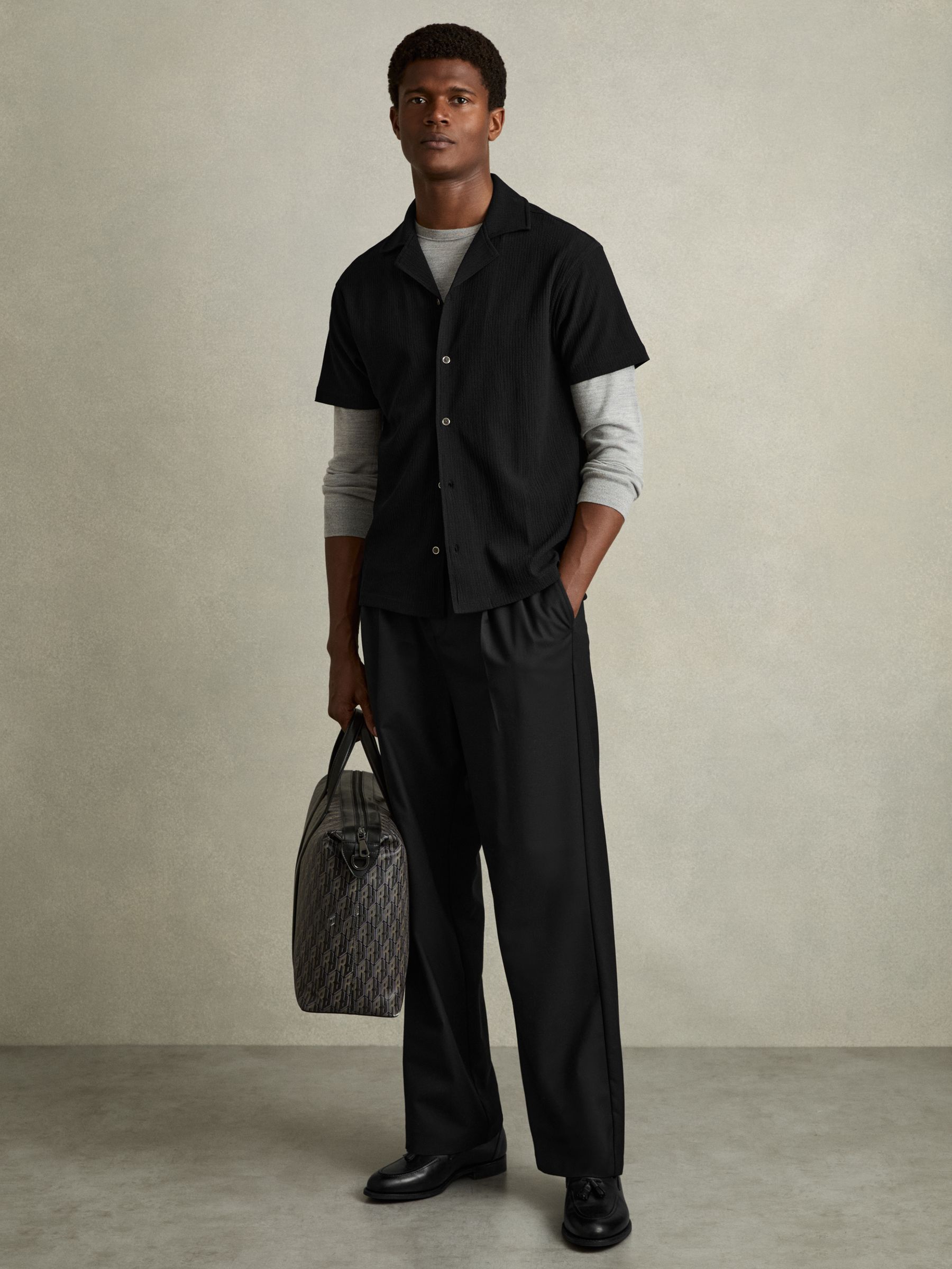 Textured Cuban Collar Shirt in Black - Image 6 of 7