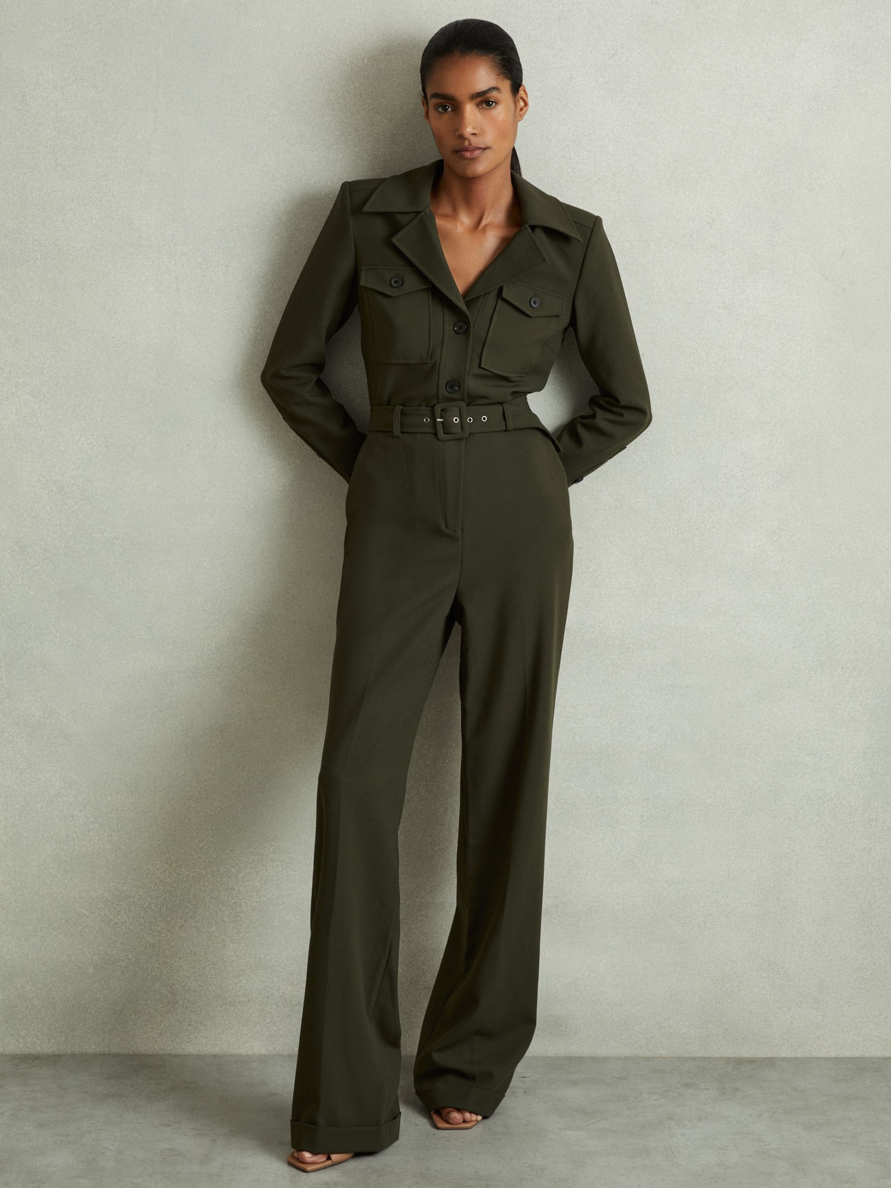 Belted Utility Jumpsuit in Dark Green - Image 1 of 5