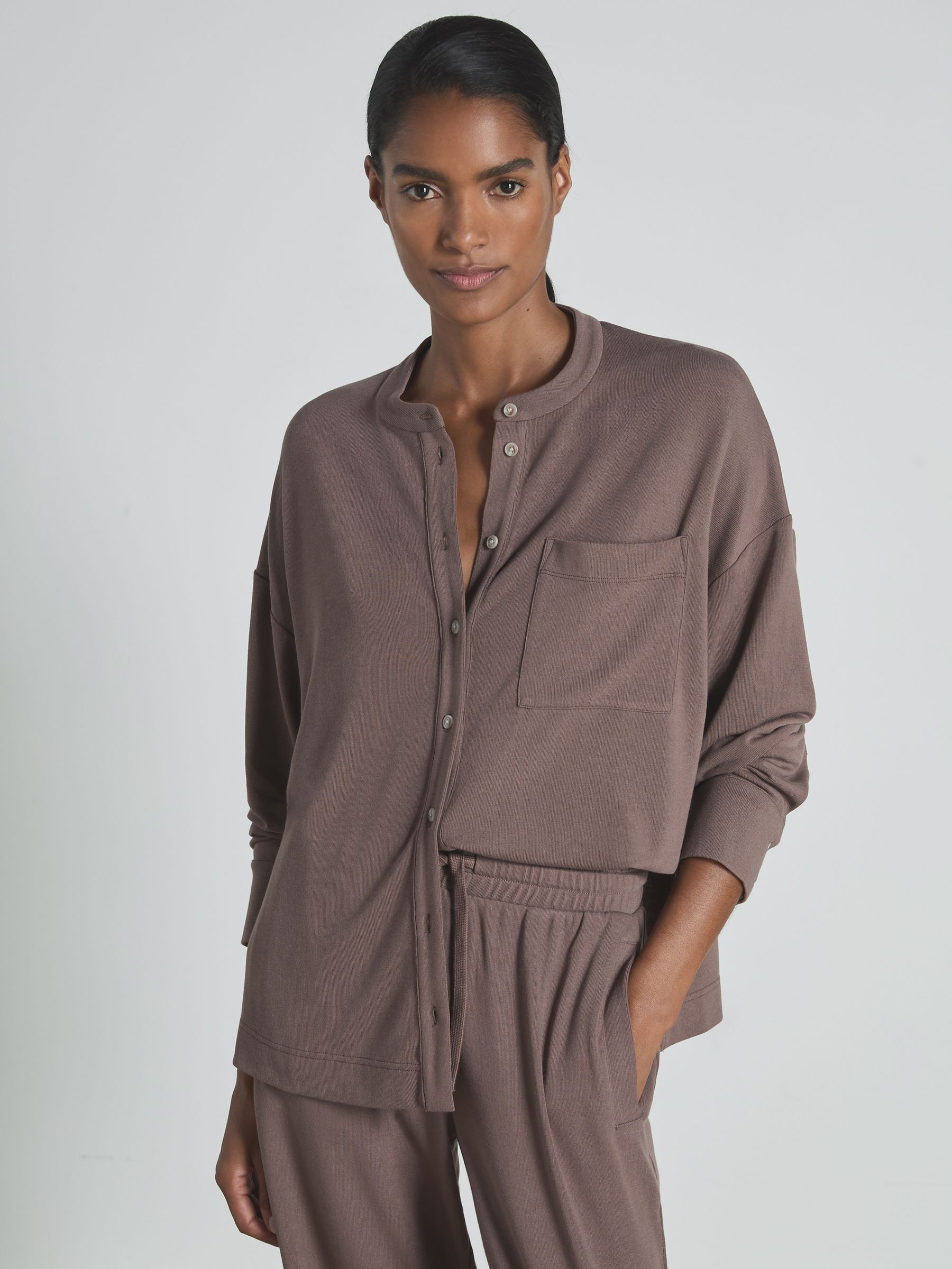 Thermal Jersey Grandad-Collar Shirt in Dark Mink - Image 1 of 6