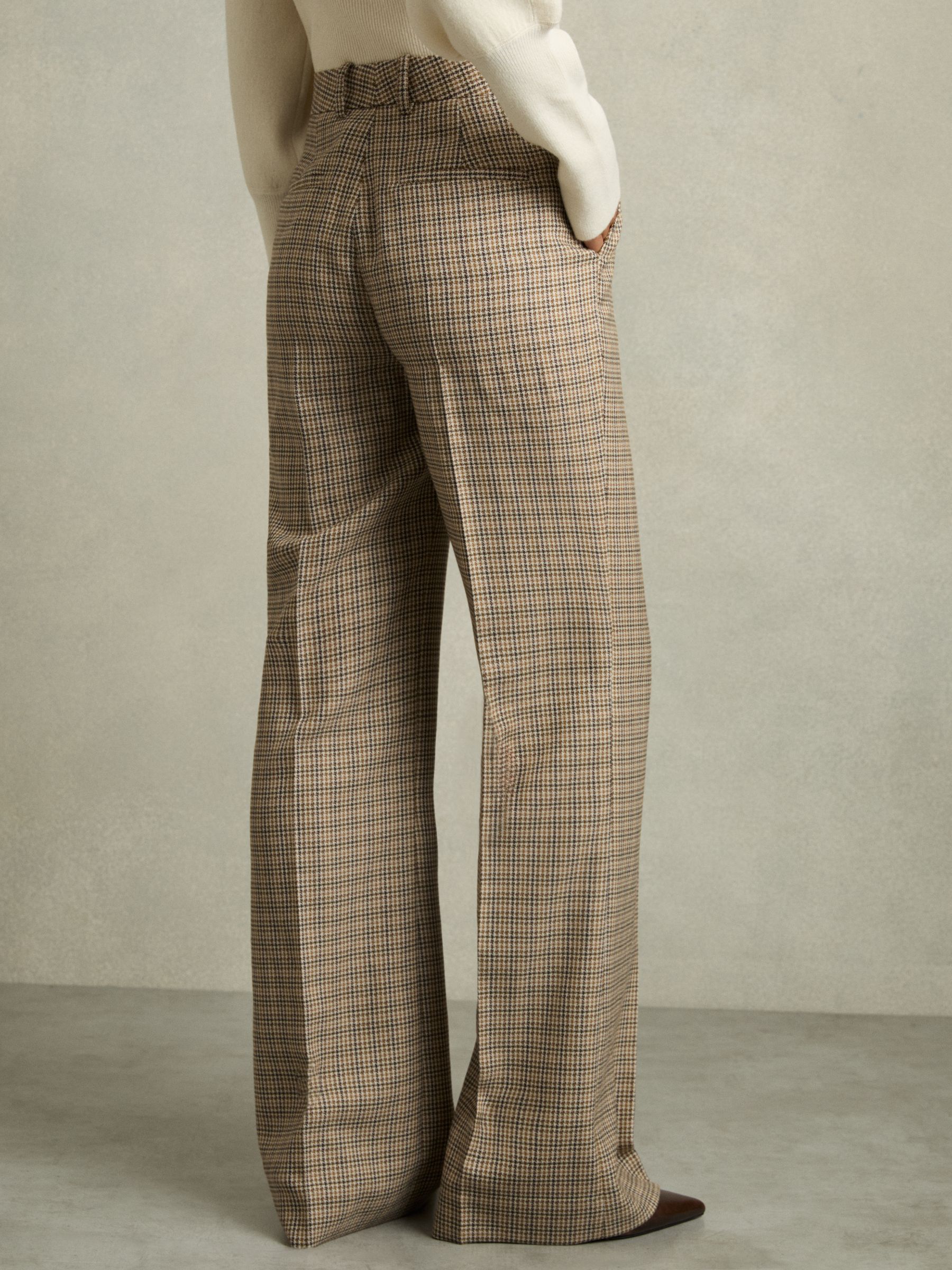 Reiss Petite Wool Wide-Leg Houndstooth-Check Trousers in Brown