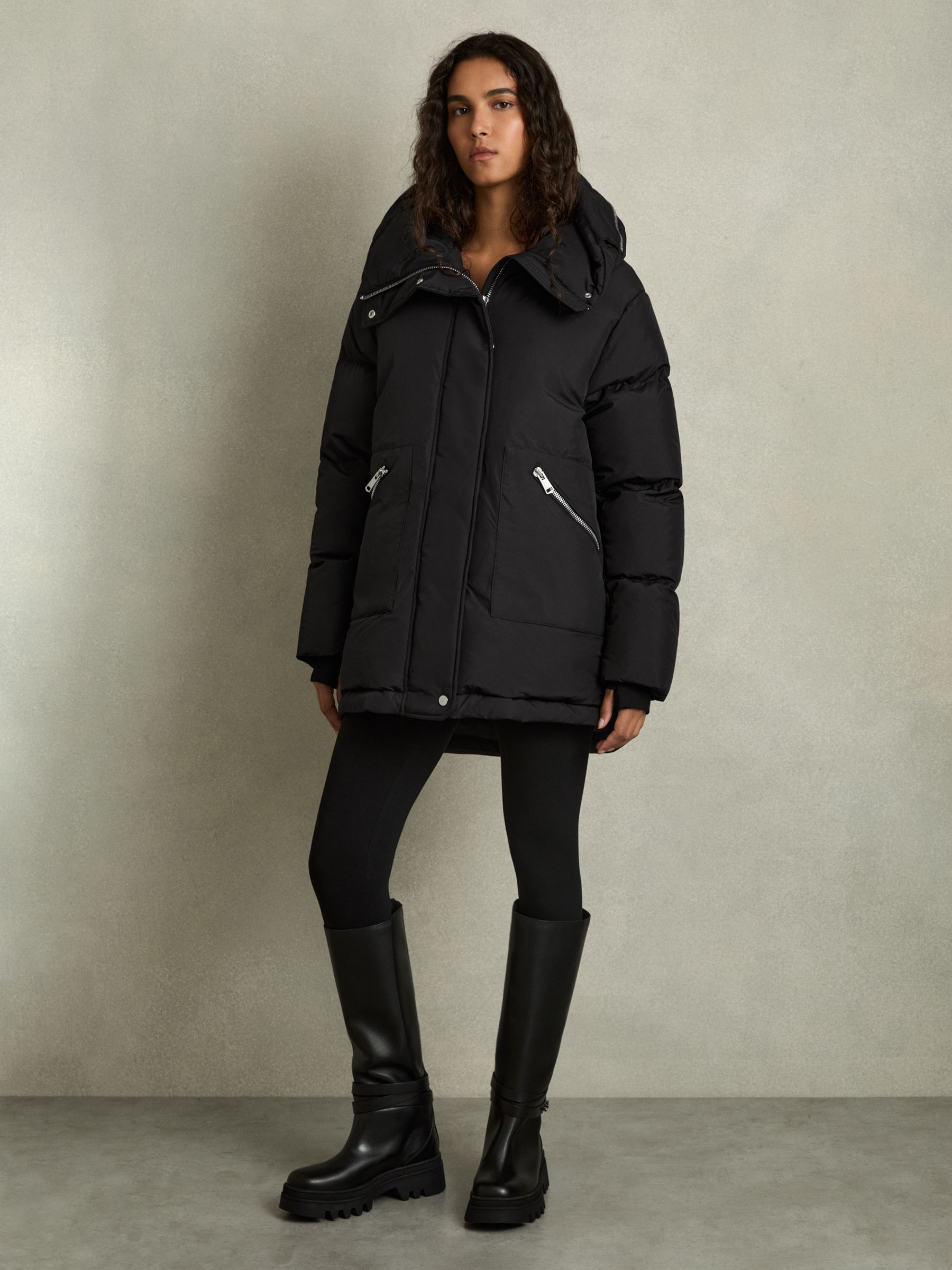 Concealed-Hood Puffer Coat in Black - Image 1 of 8