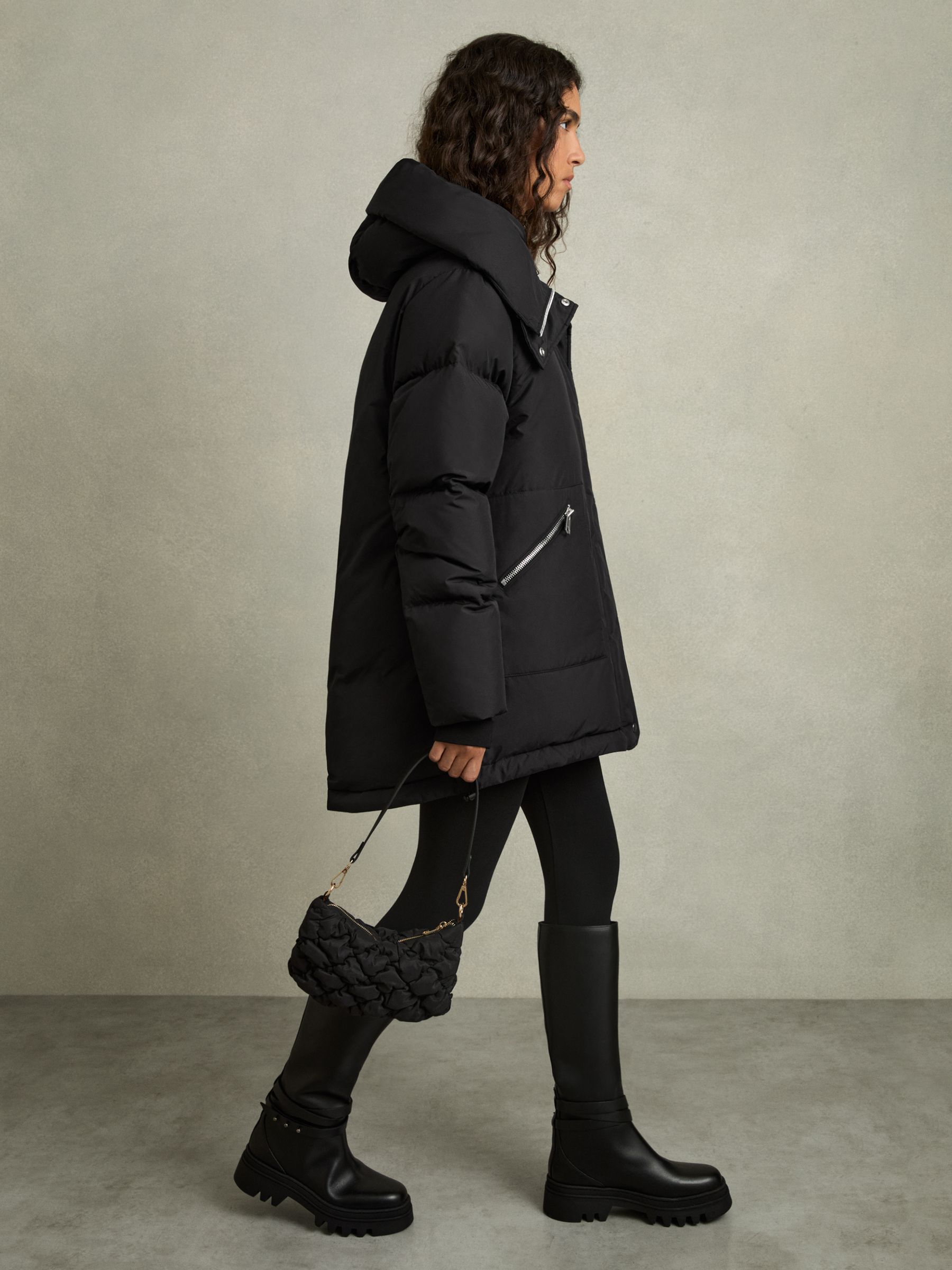 Concealed-Hood Puffer Coat in Black - Image 7 of 8