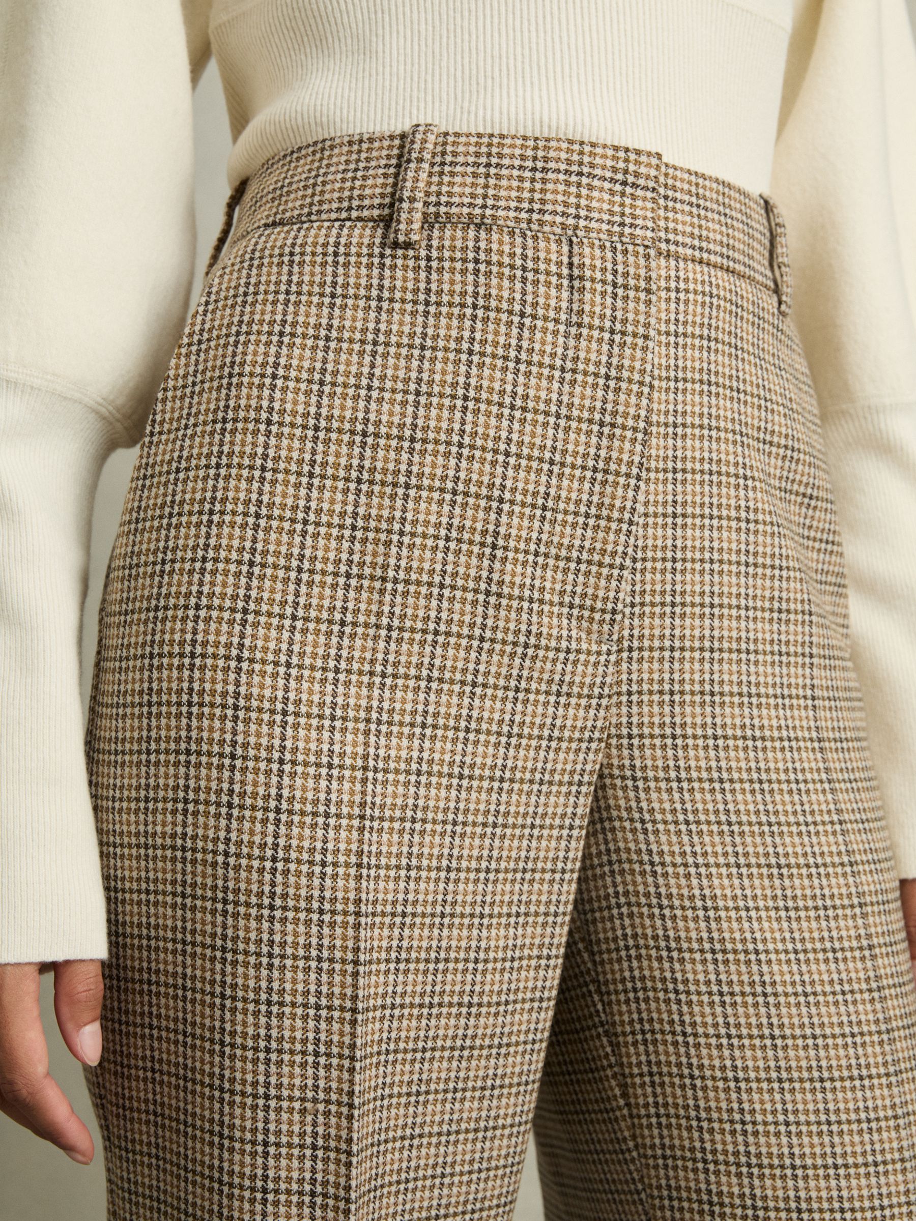 Wool Wide-Leg Houndstooth-Check Trousers in Brown Check - image 5