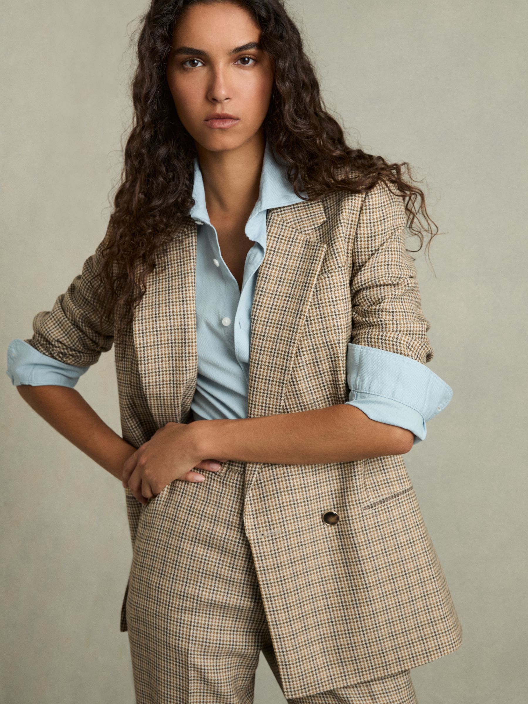 Wool Double-Breasted Houndstooth-Check Blazer in Brown Check - Image 1 of 8