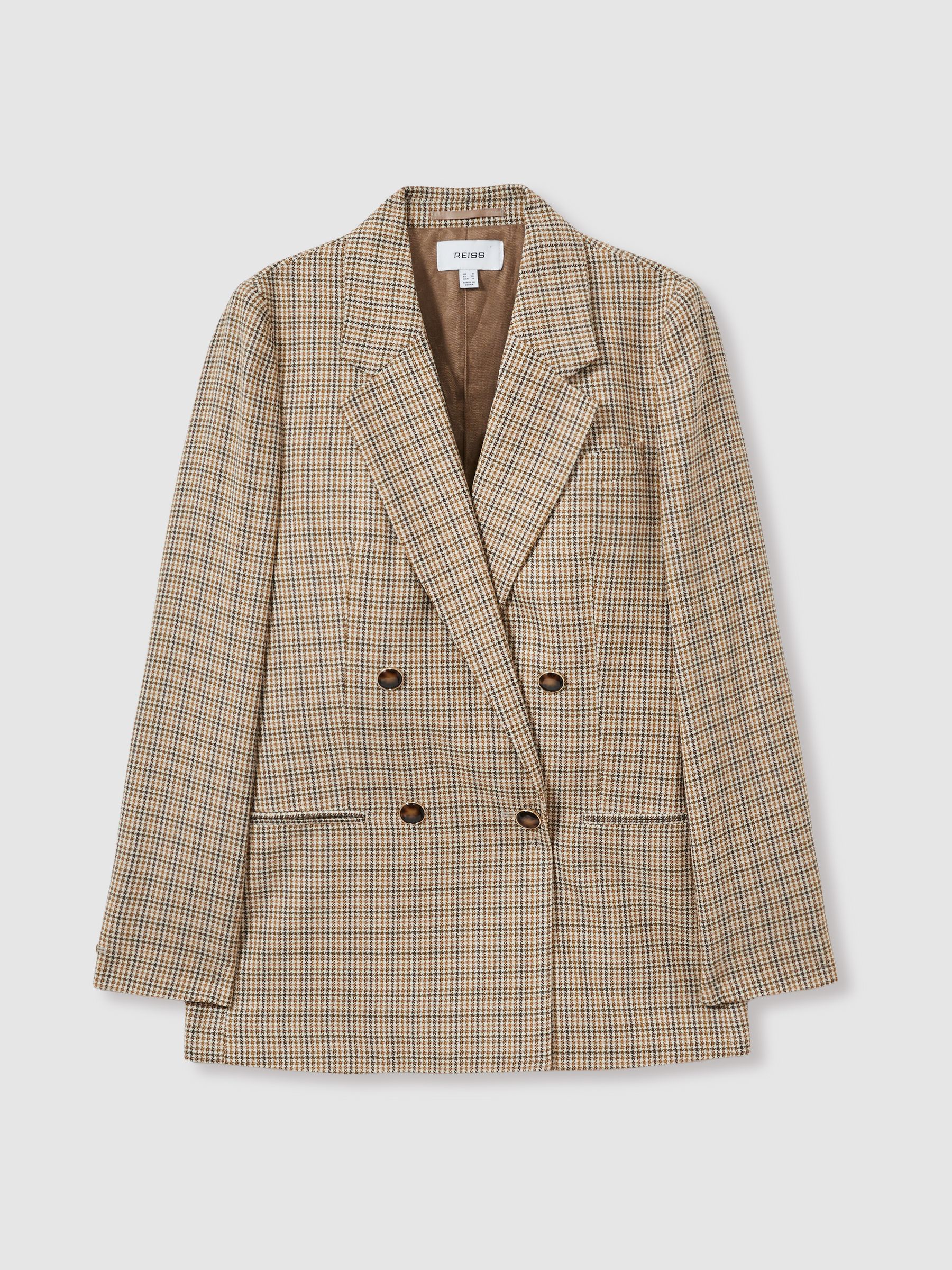 Wool Double-Breasted Houndstooth-Check Blazer in Brown Check - Image 2 of 8