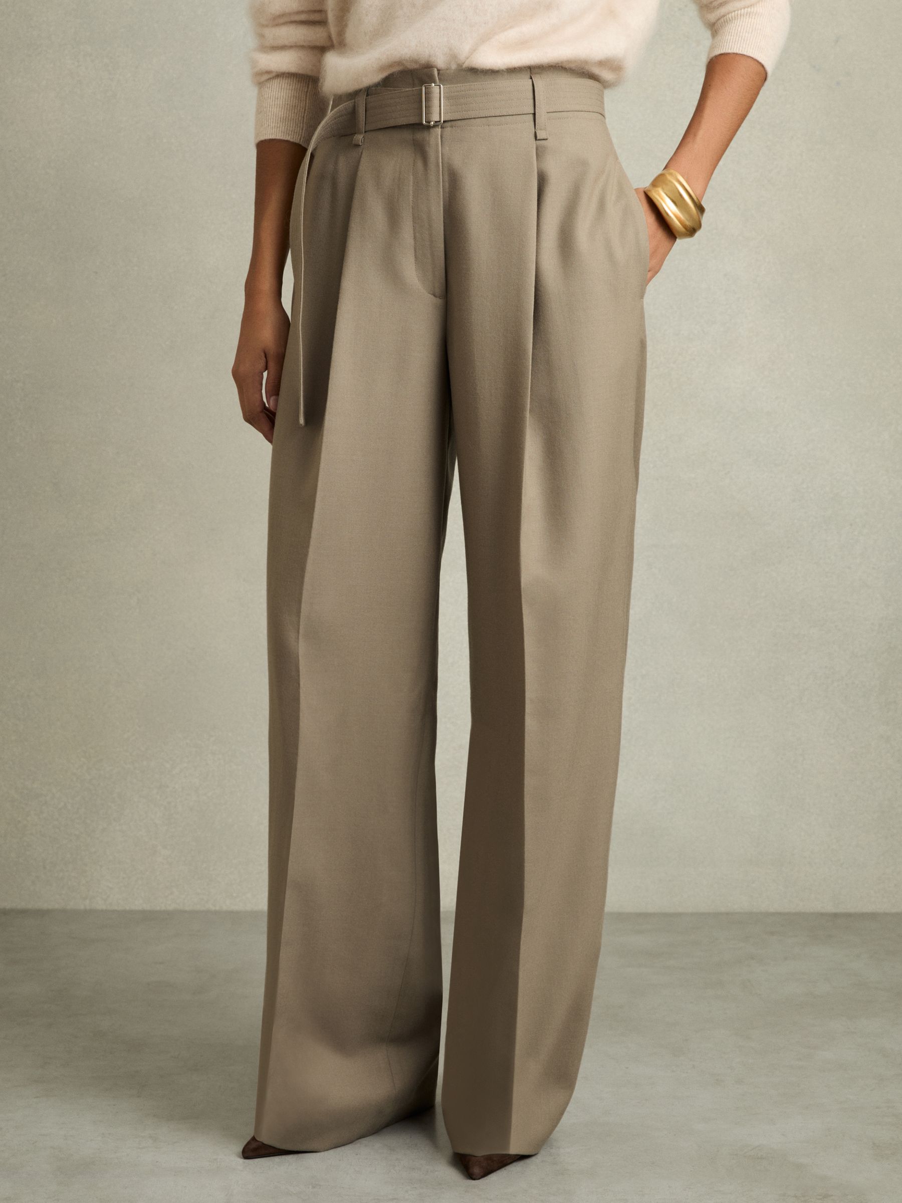 Petite Wool Belted Wide-Leg Trousers in Neutral - Image 3 of 7