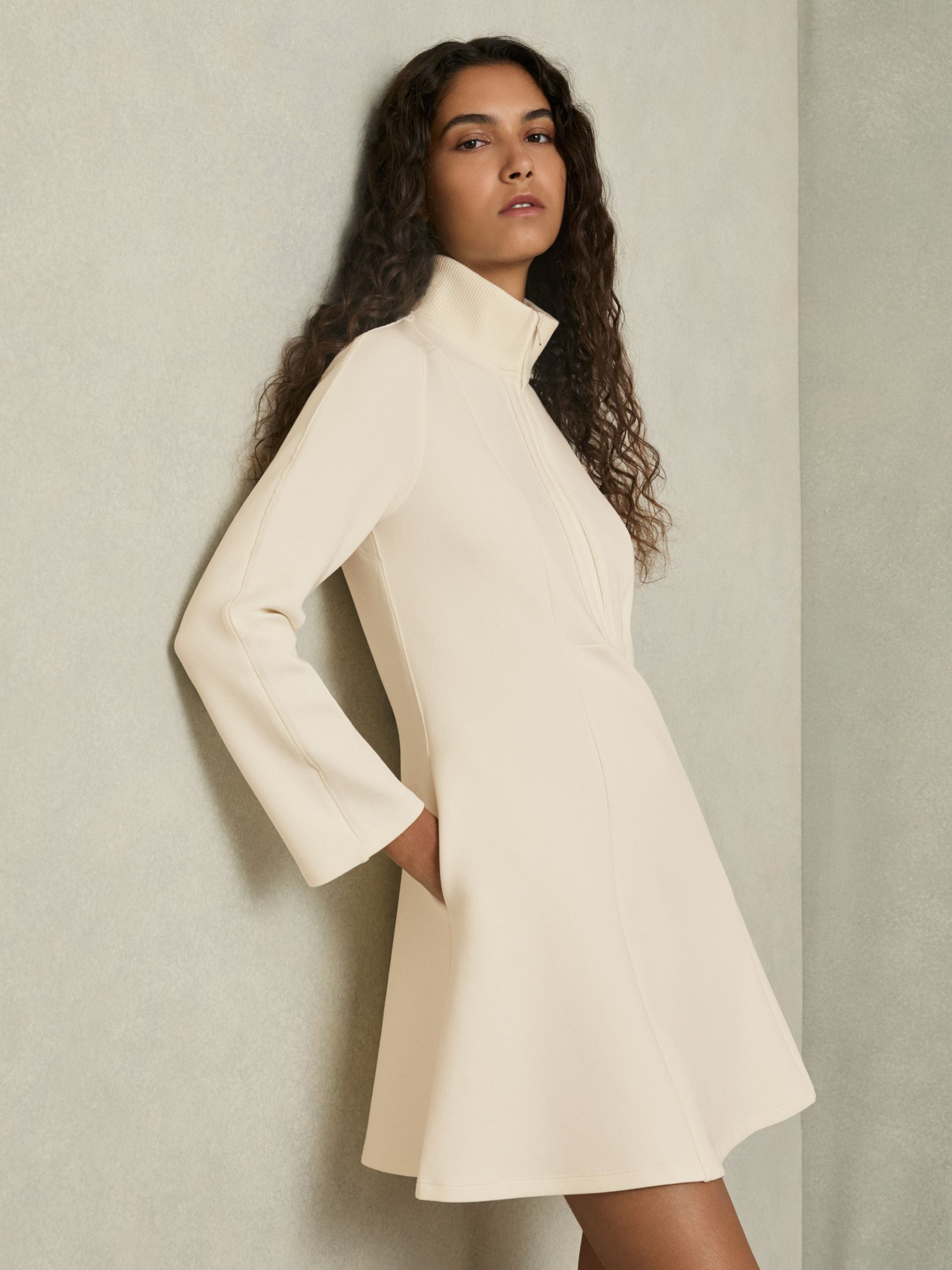 ZIp-Neck Interlock-Jersey Dress in Cream - Image 1 of 6