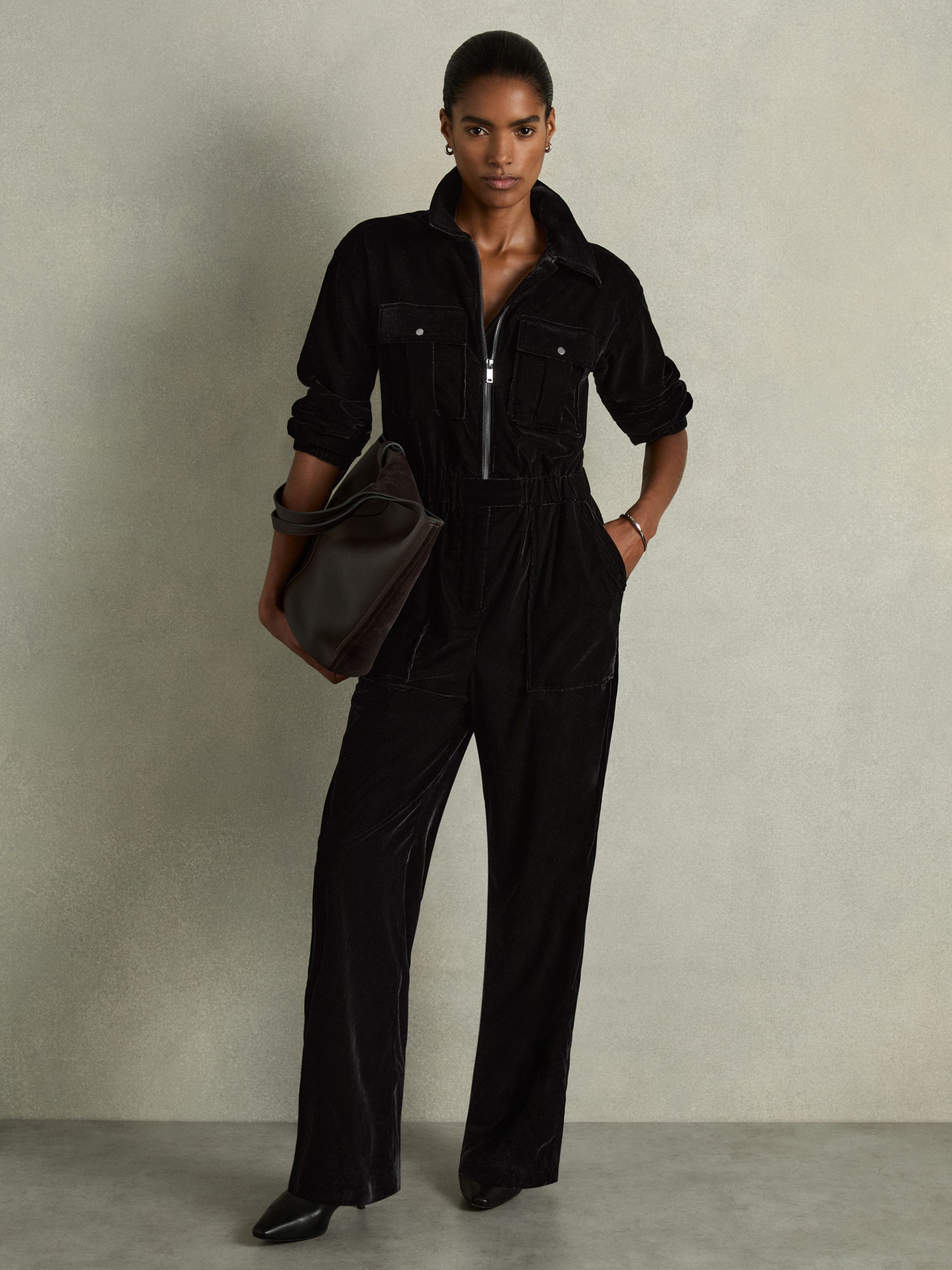 Patch-Pocket Velvet Jumpsuit in Black - Image 1 of 6