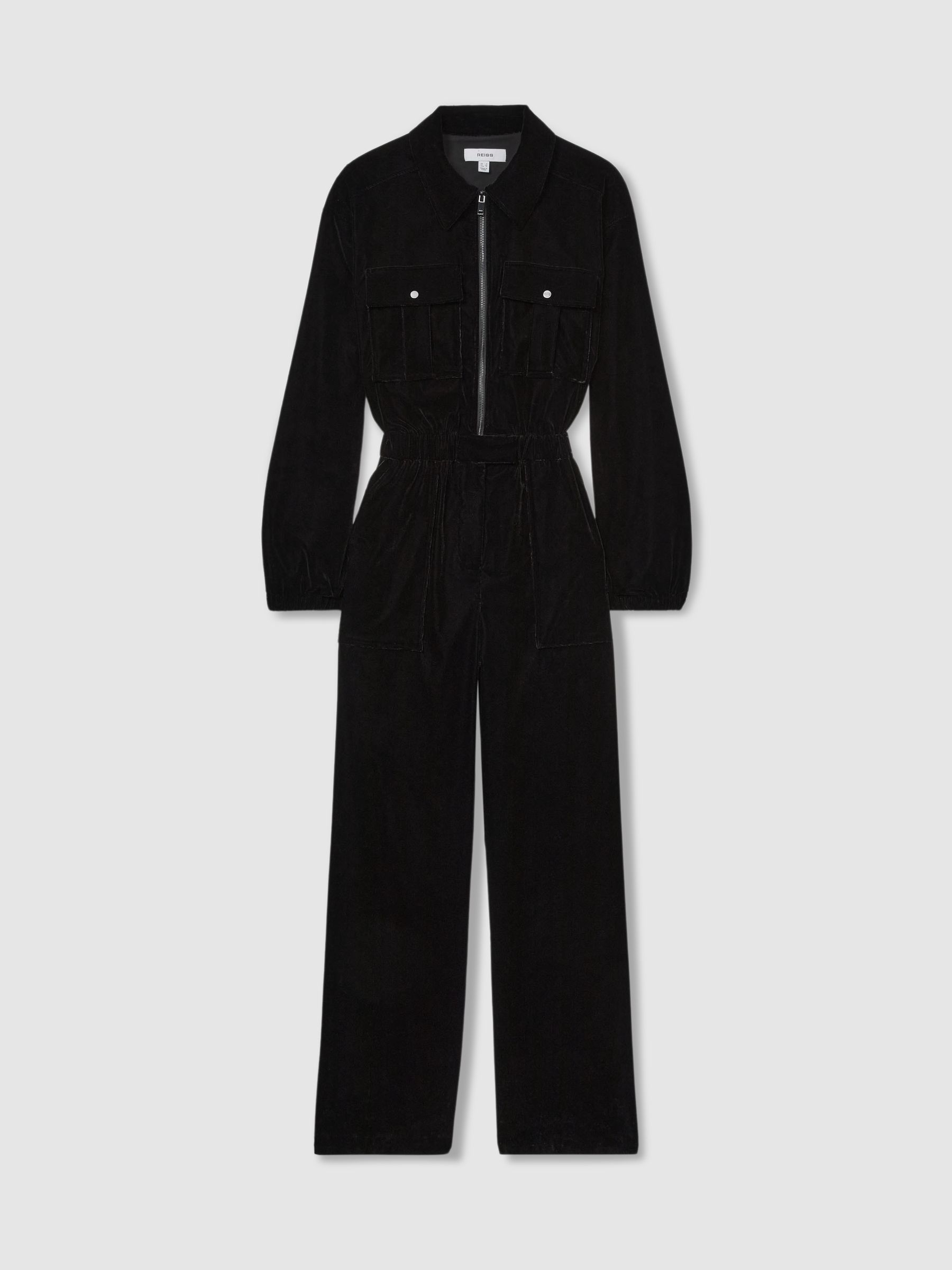 Patch-Pocket Velvet Jumpsuit in Black - Image 2 of 6