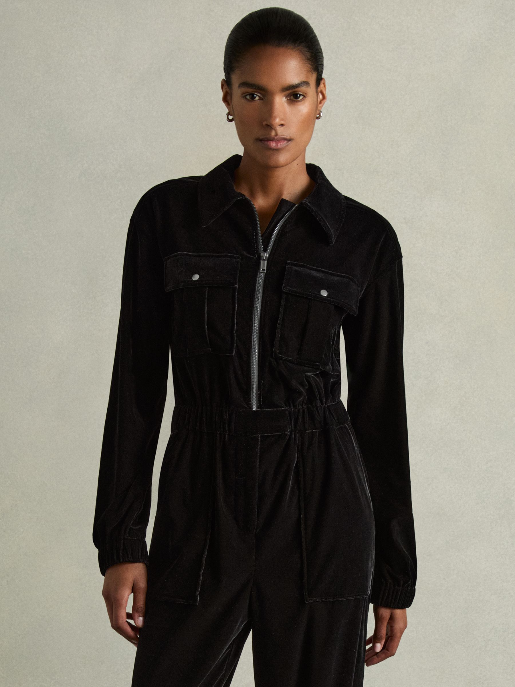Patch-Pocket Velvet Jumpsuit in Black - Image 3 of 6