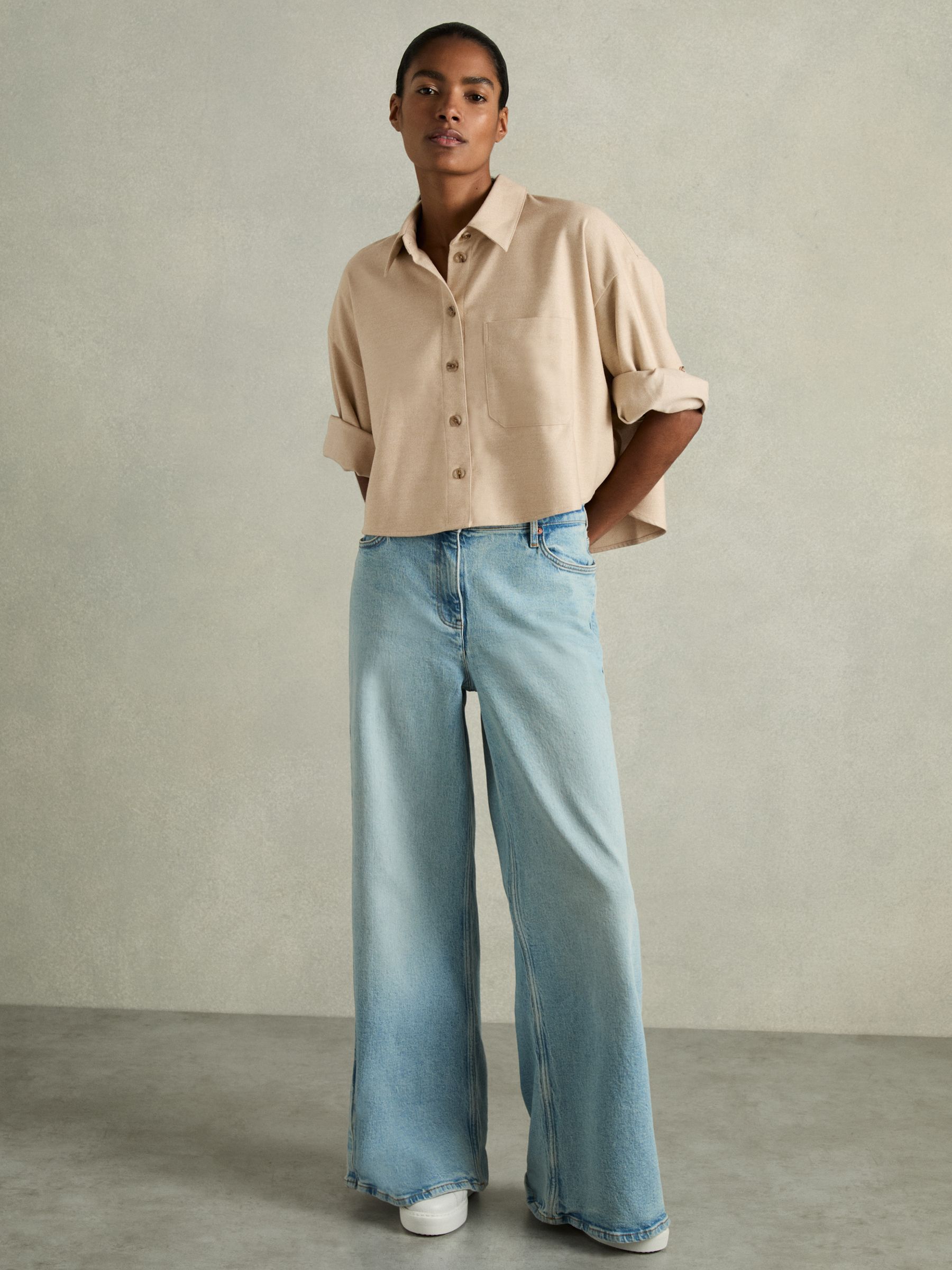 Cropped Flannel Shirt in Stone - Image 3 of 6