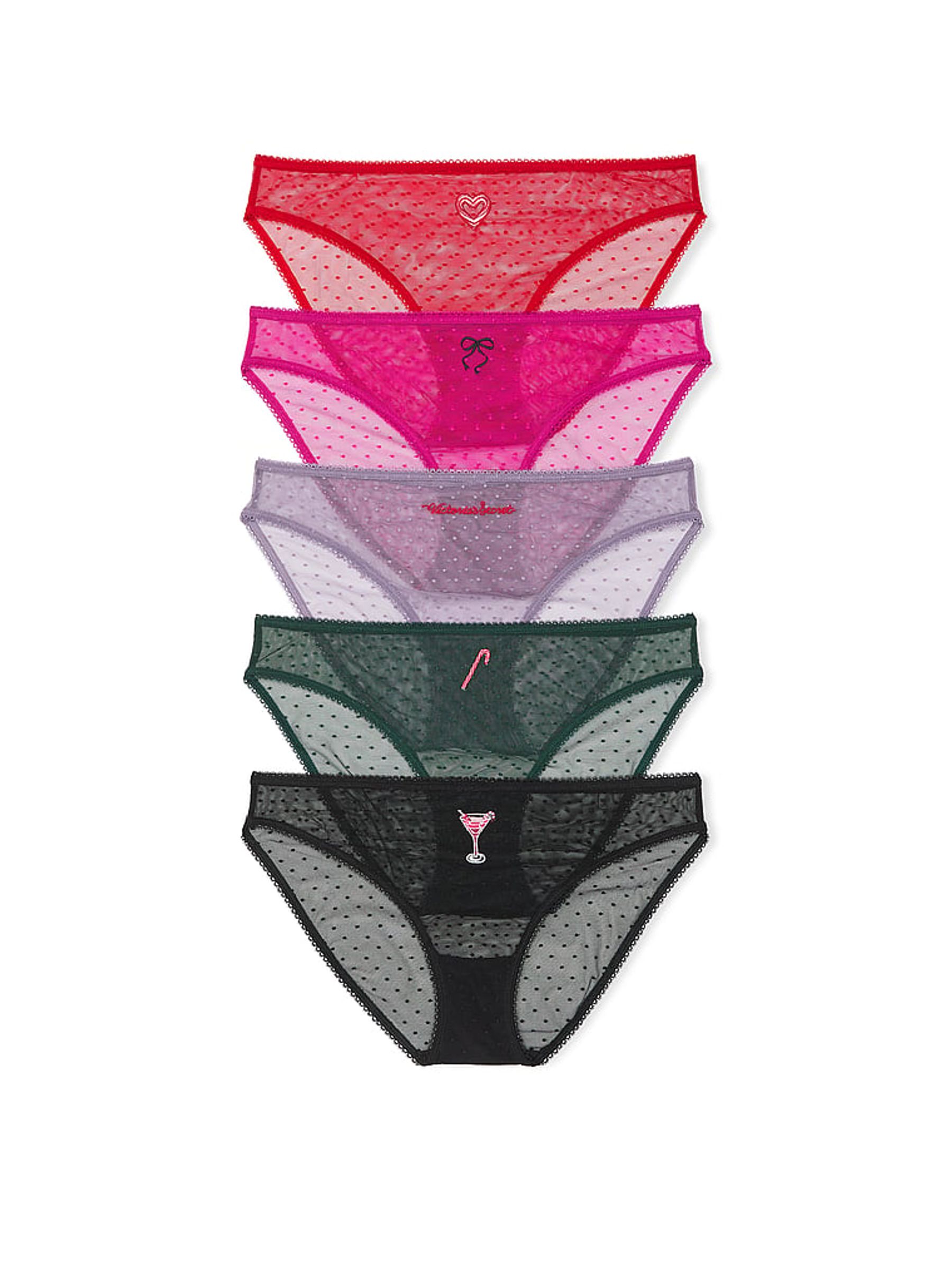 Red/Pink/Purple/Green/Black 5 Pack Dotted Mesh Bikini Knickers - Image 1 of 1