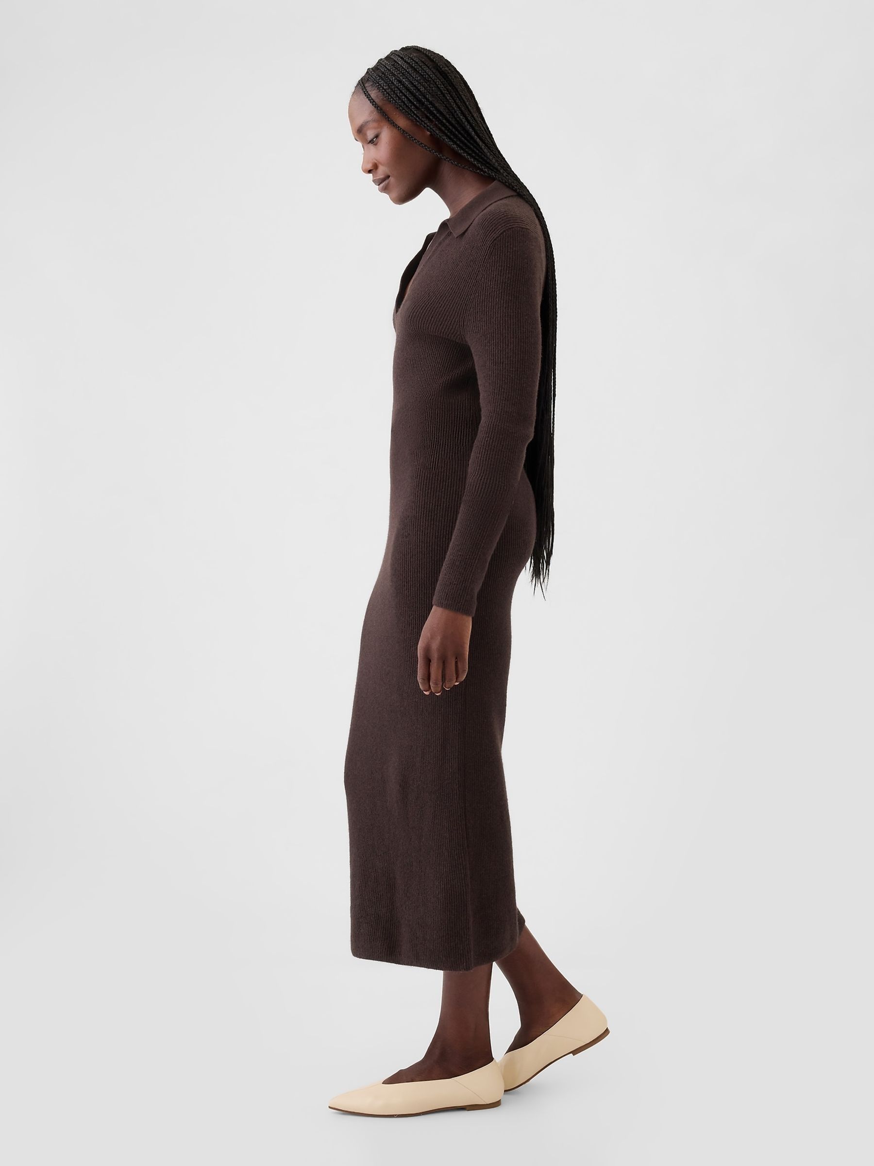 Brown CashSoft Rib Midi Polo Jumper Dress - Image 4 of 5
