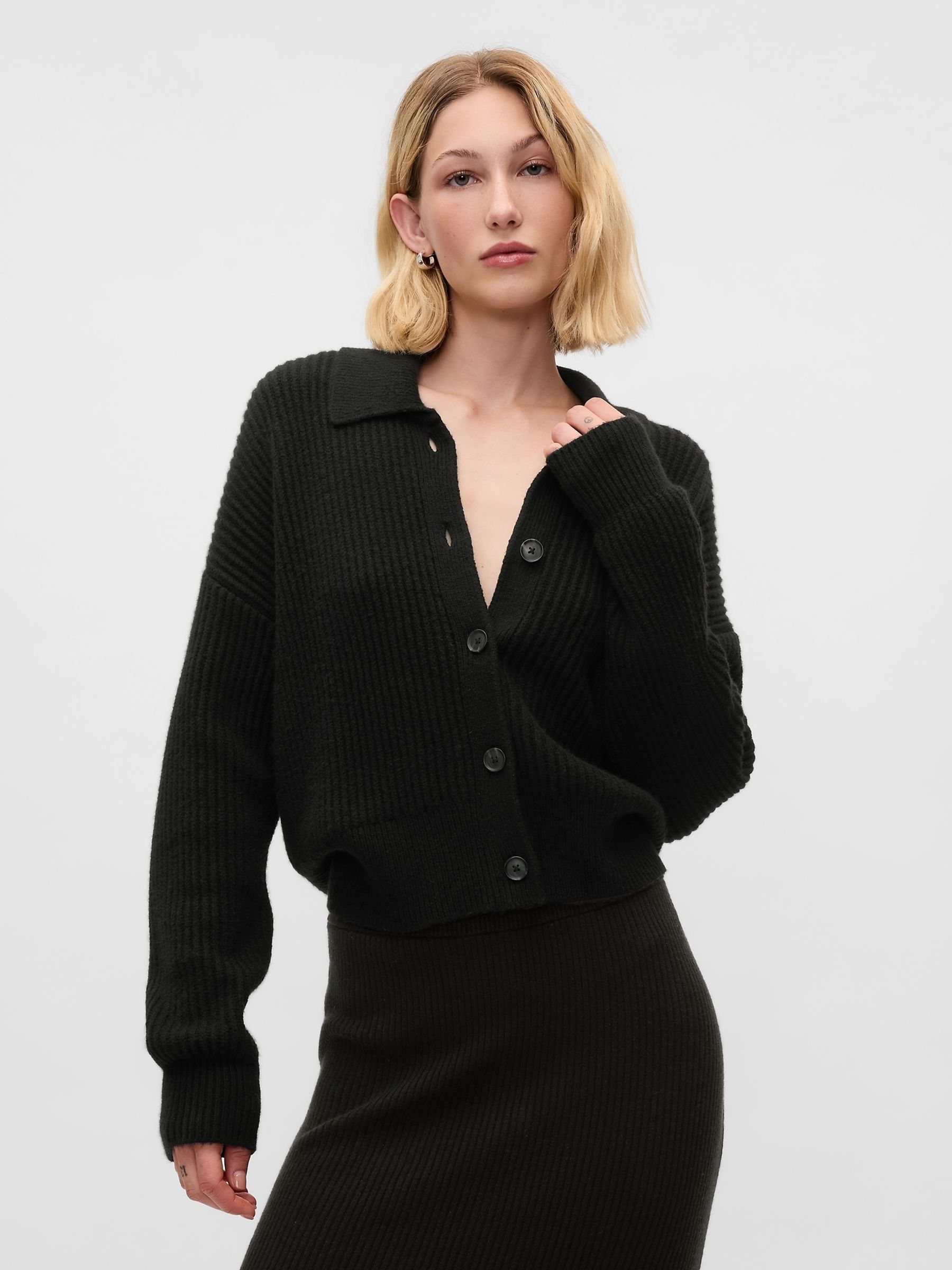 Black CashSoft Long Sleeve Ribbed Collar Cardigan Gap