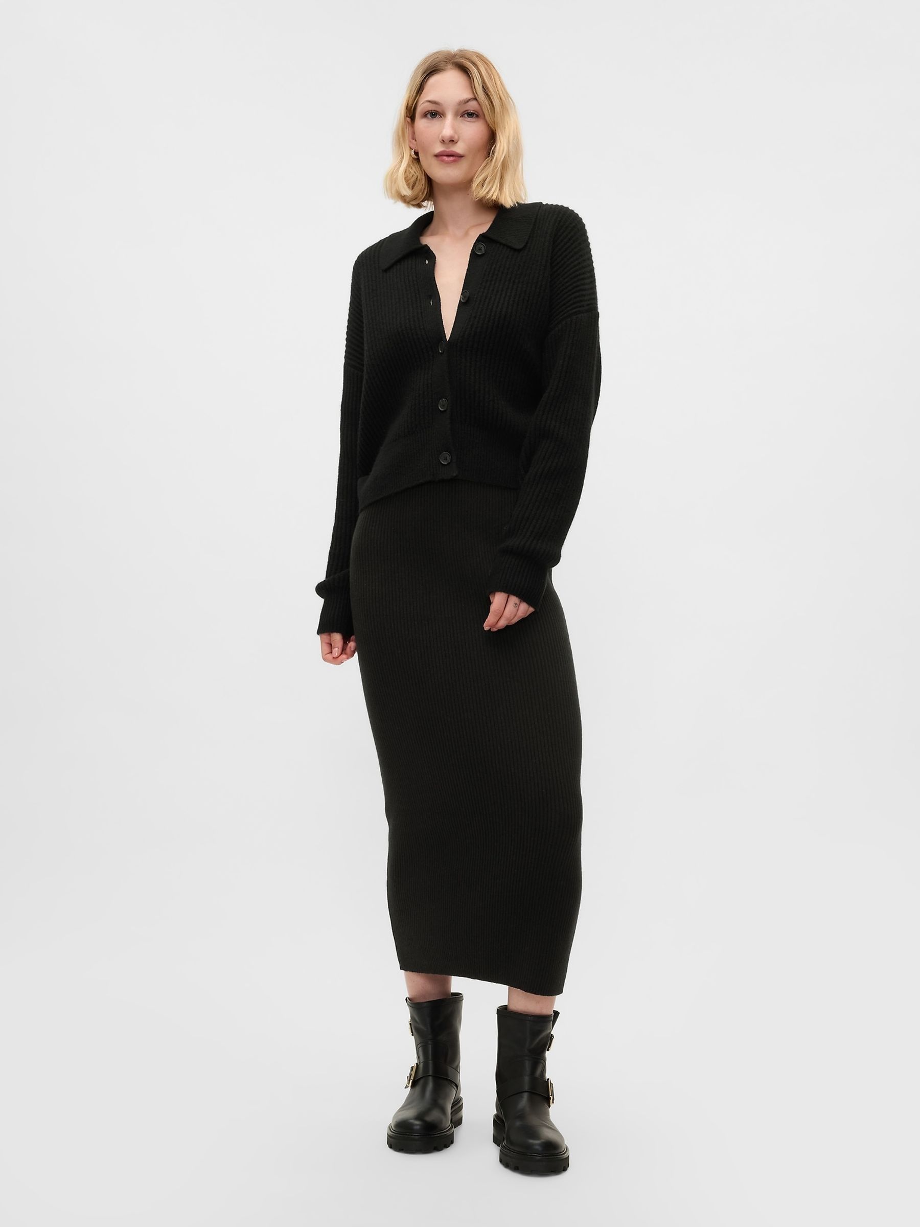 Black CashSoft Long Sleeve Ribbed Collar Cardigan | Gap