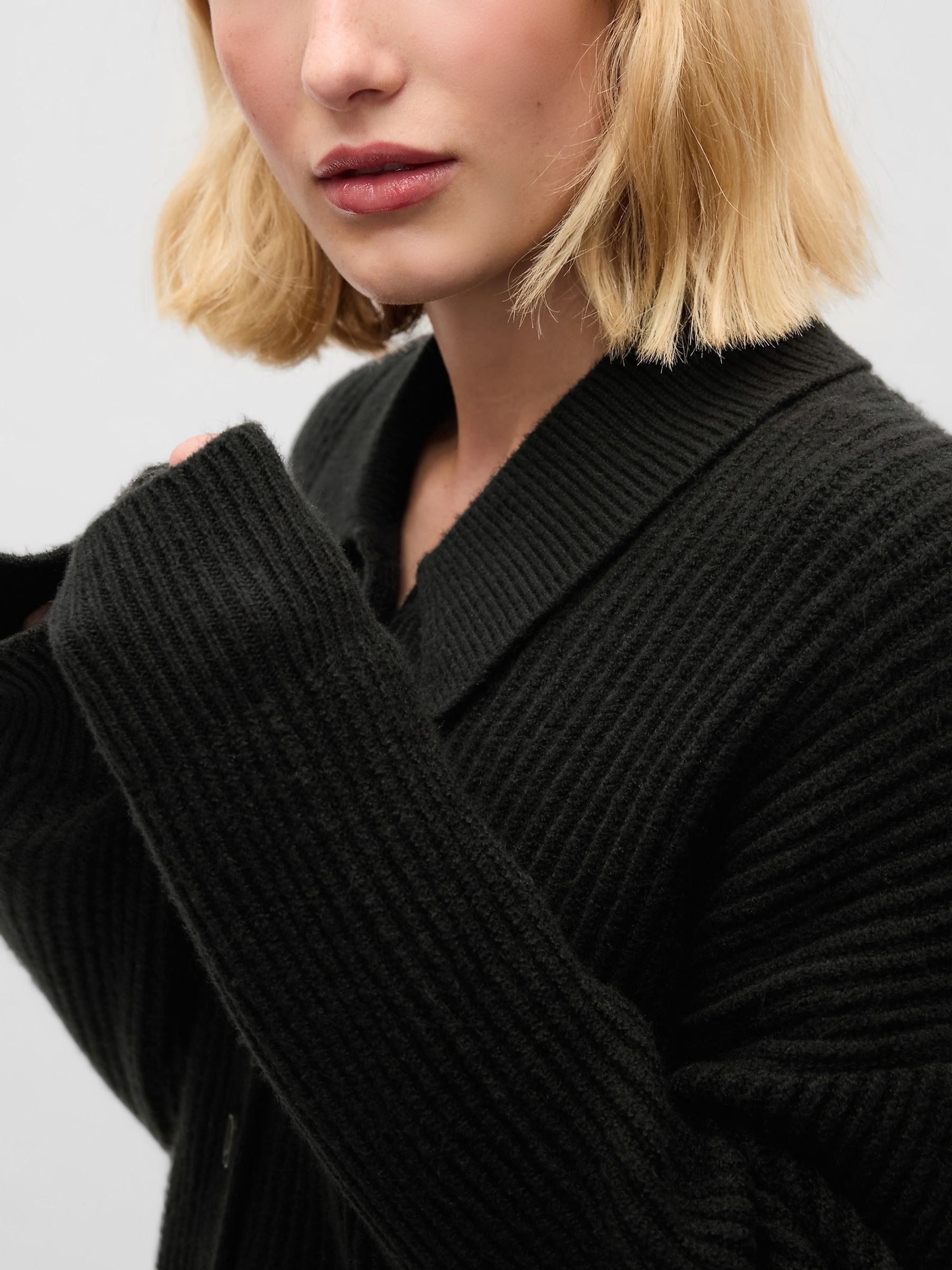 Black CashSoft Long Sleeve Ribbed Collar Cardigan | Gap