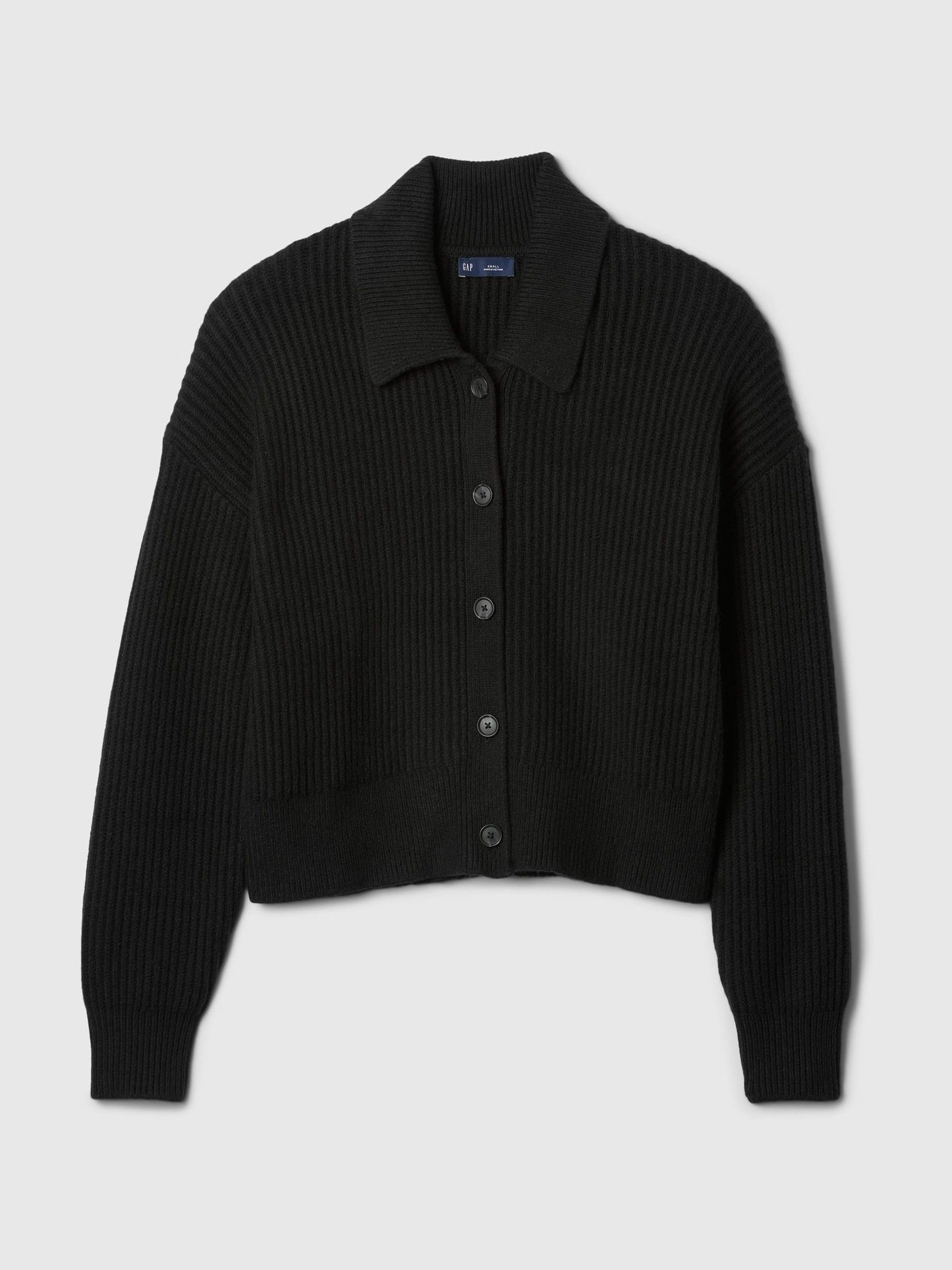 Black CashSoft Long Sleeve Ribbed Collar Cardigan | Gap