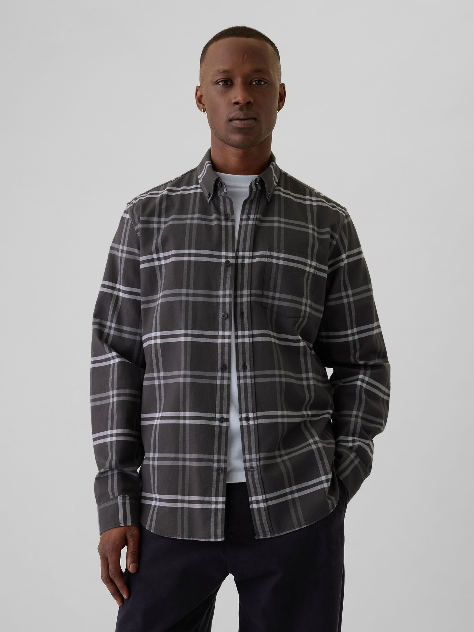 Dark Grey Check Regular Fit Long Sleeve Oxford Shirt - Image 1 of 5