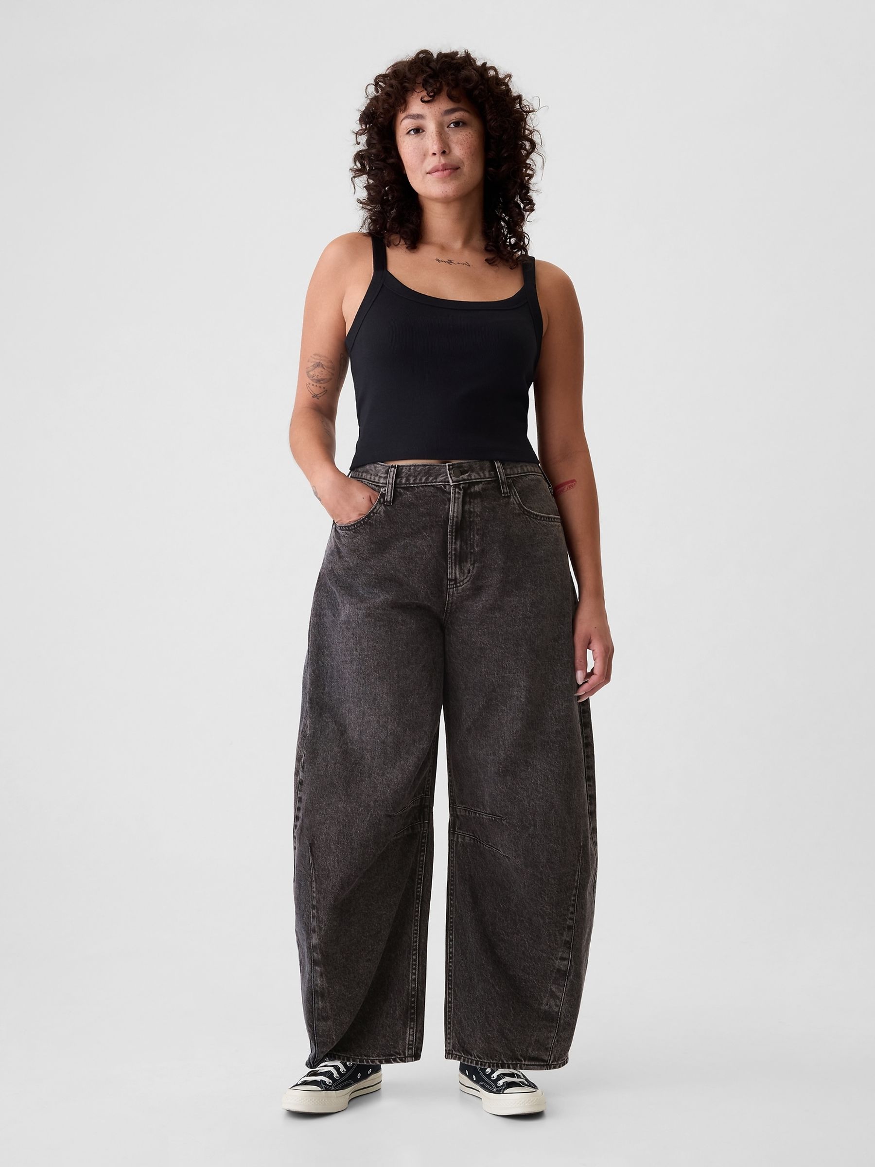 Black High Waisted Ankle Length Horseshoe Jeans - Image 1 of 6